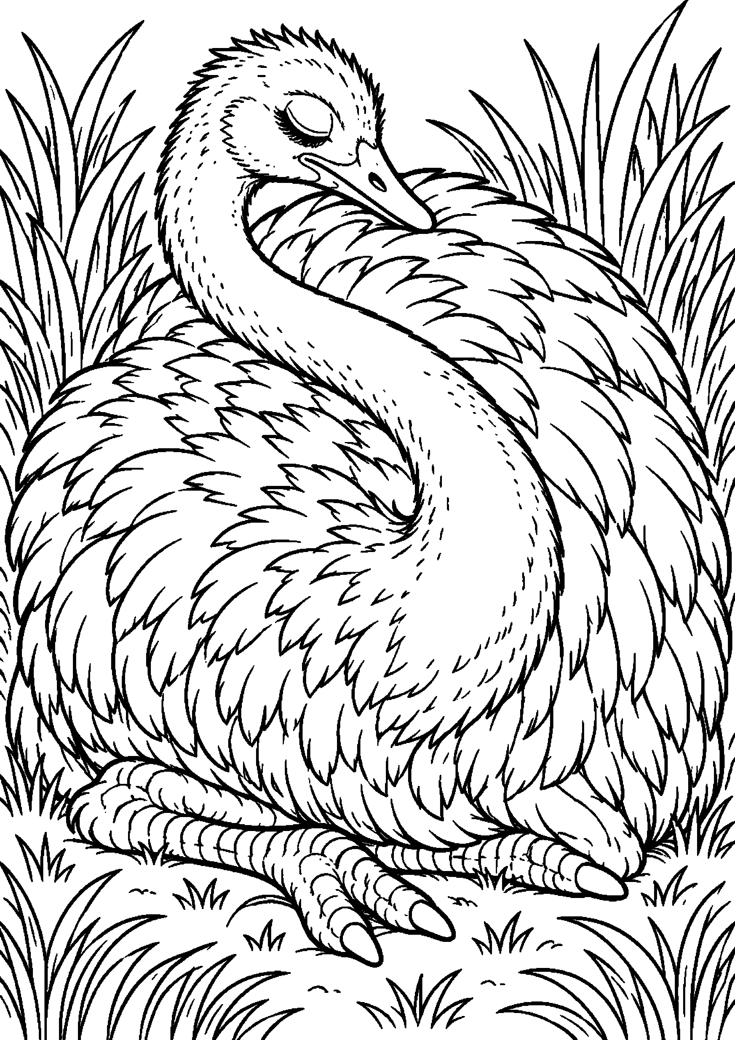 Grand coloriage d’une autruche assise dans les herbes en lissant son plumage, contours noirs nets sur fond blanc