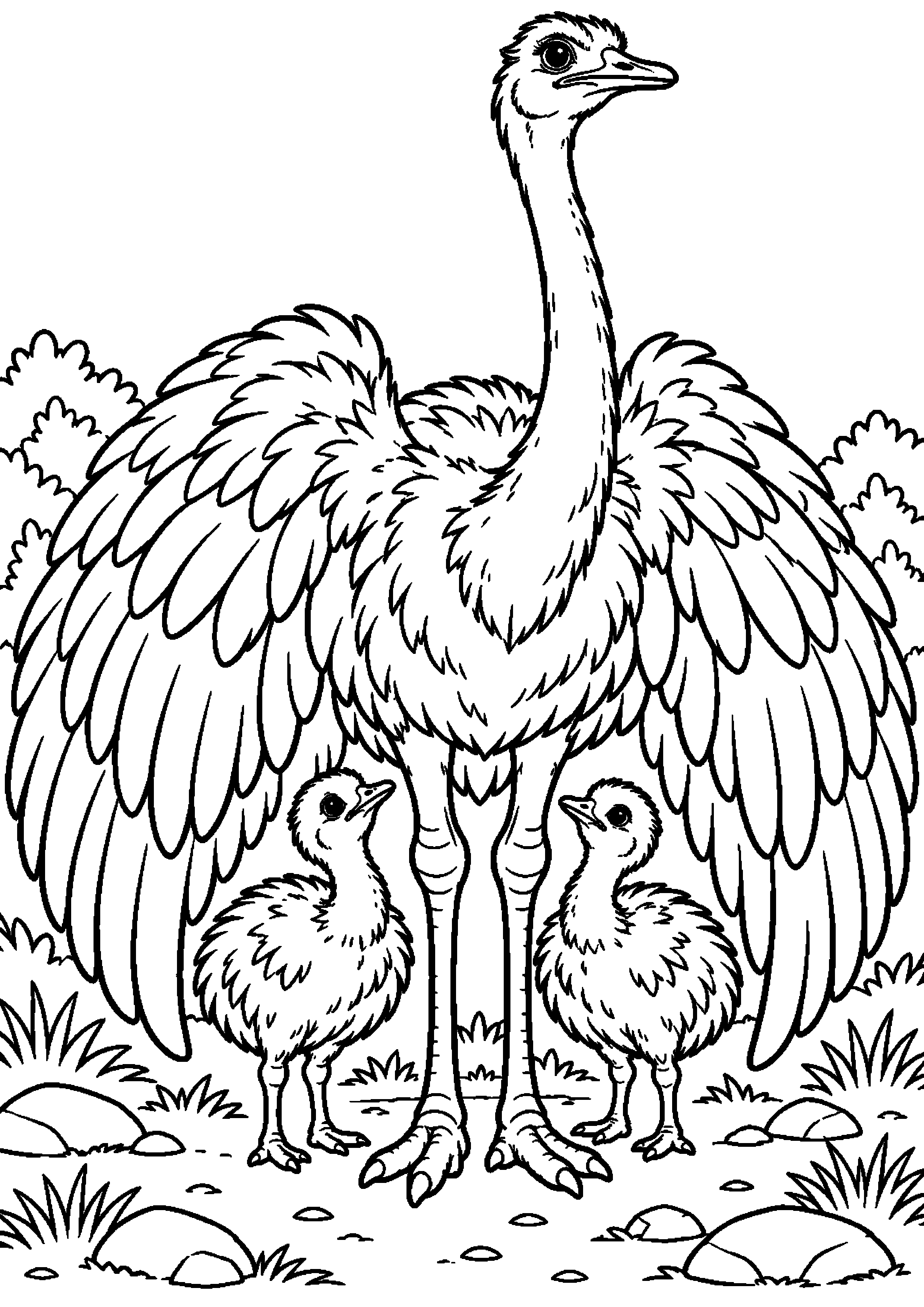 Grand coloriage d’une autruche adulte aux ailes ouvertes protégeant deux poussins, contours noirs nets sur fond blanc