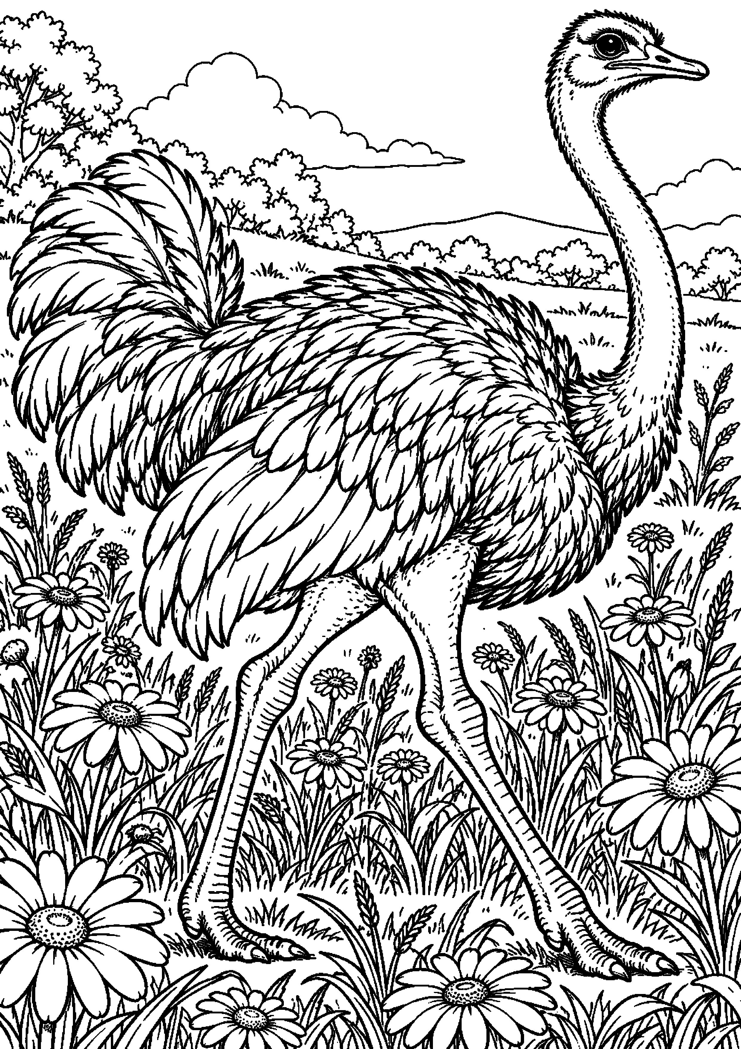 Grand coloriage d’une autruche dans une prairie fleurie au pied des collines, contours noirs nets sur fond blanc