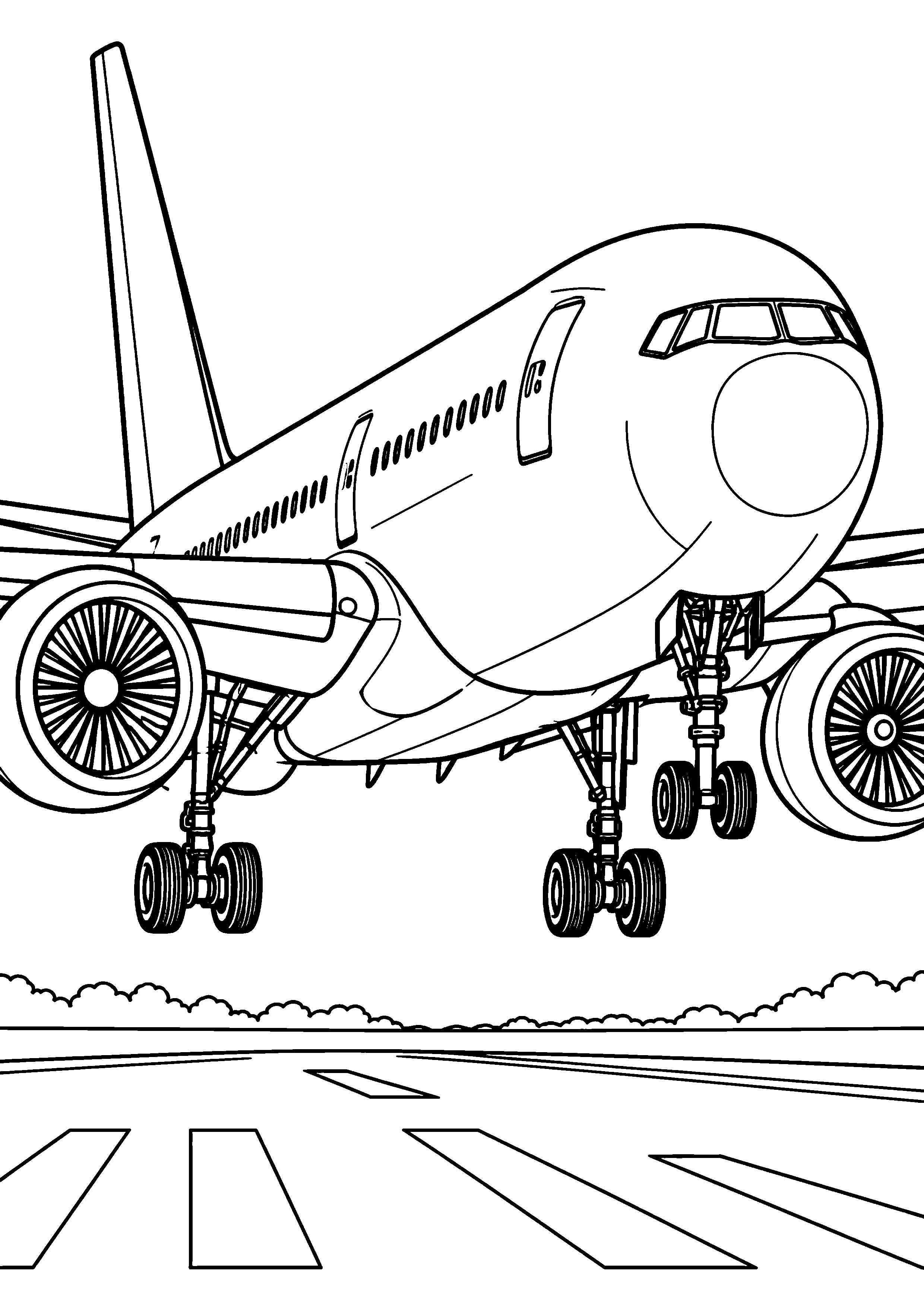 Coloriage en noir et blanc représentant avion atterrissant avec le train sorti, en grand format A4