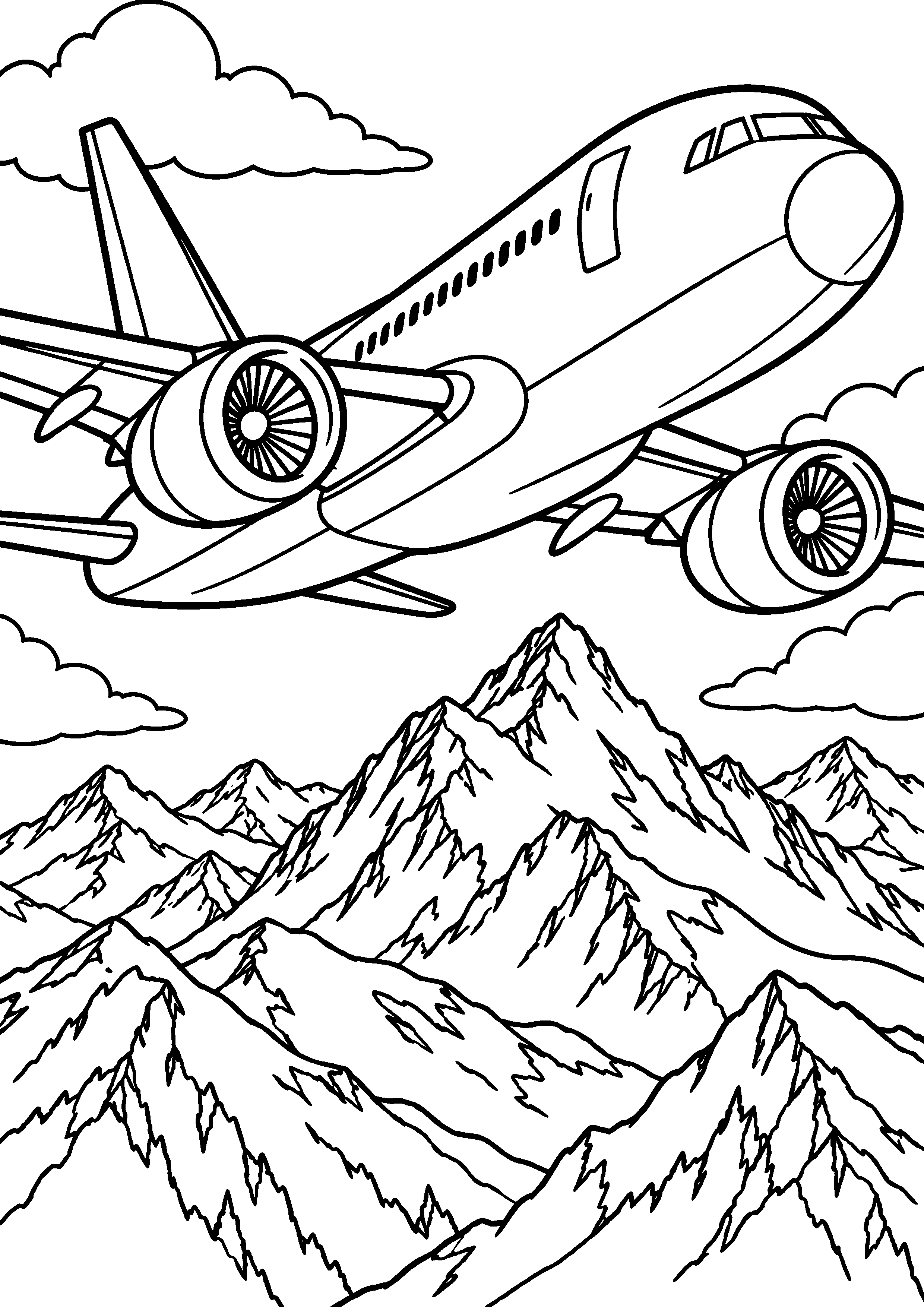 Coloriage en noir et blanc représentant avion au-dessus de sommets enneigés, en grand format A4