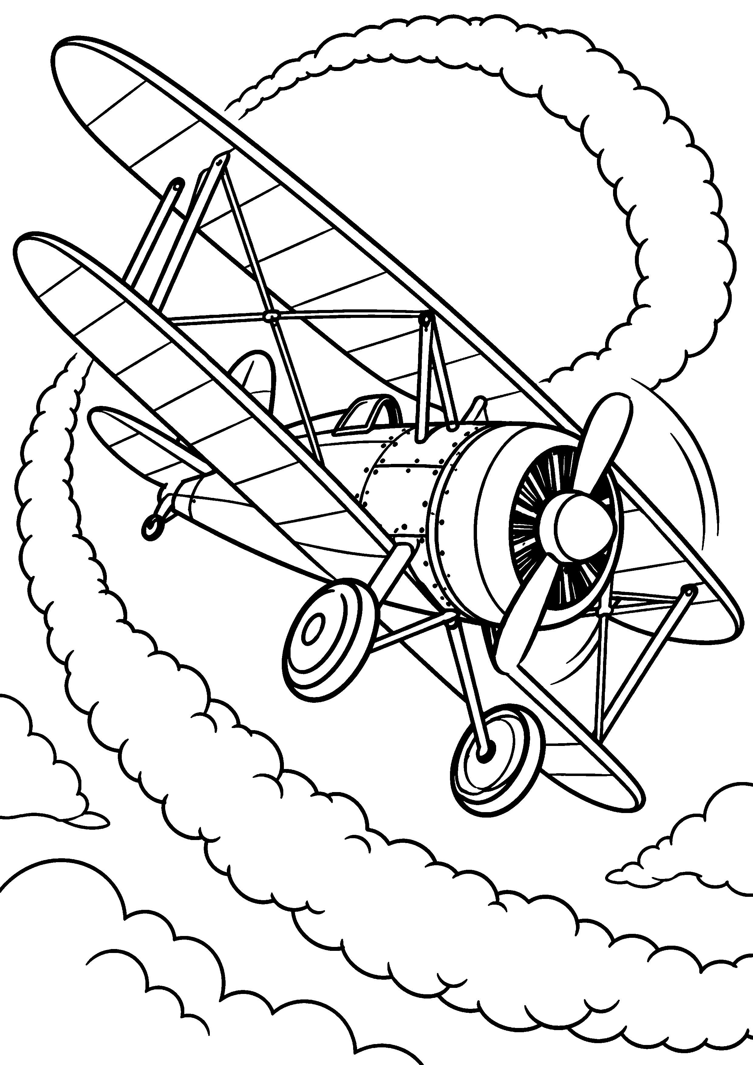 Coloriage en noir et blanc représentant avion biplan générique faisant une boucle dans le ciel, en grand format A4