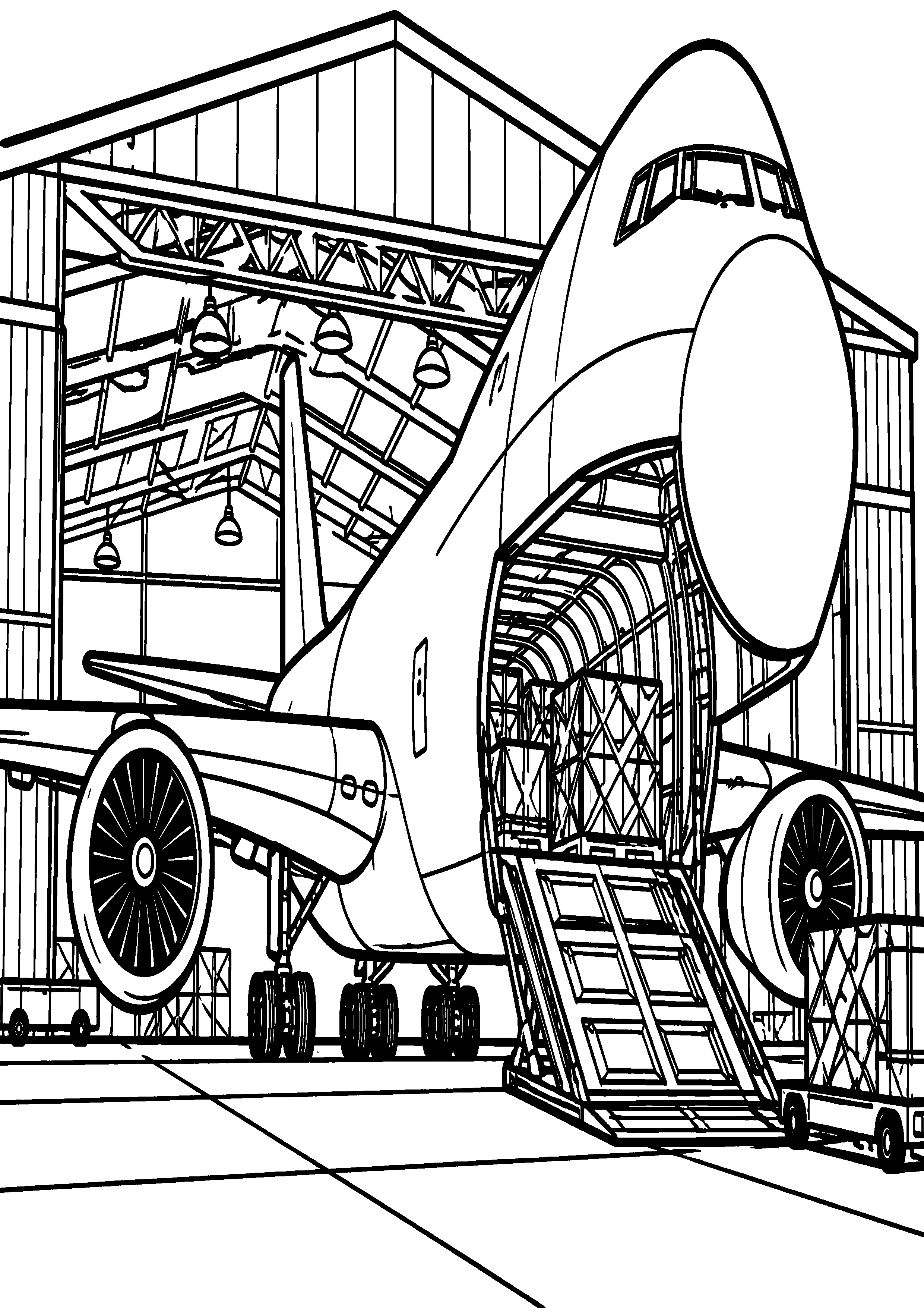 Coloriage en noir et blanc représentant avion cargo générique devant un hangar ouvert, en grand format A4