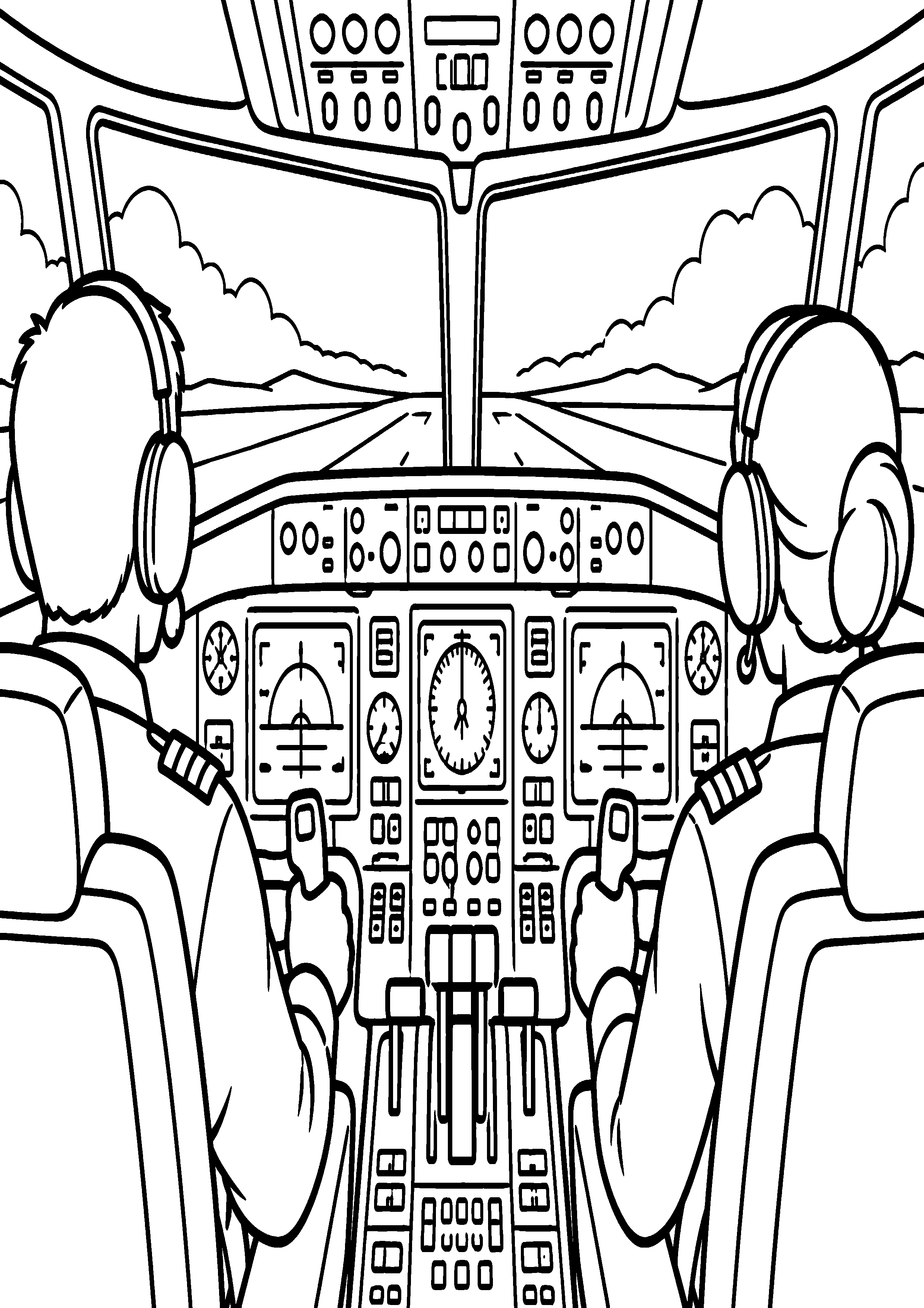 Coloriage en noir et blanc représentant cockpit simplifié avec pilote et copilote génériques, en grand format A4