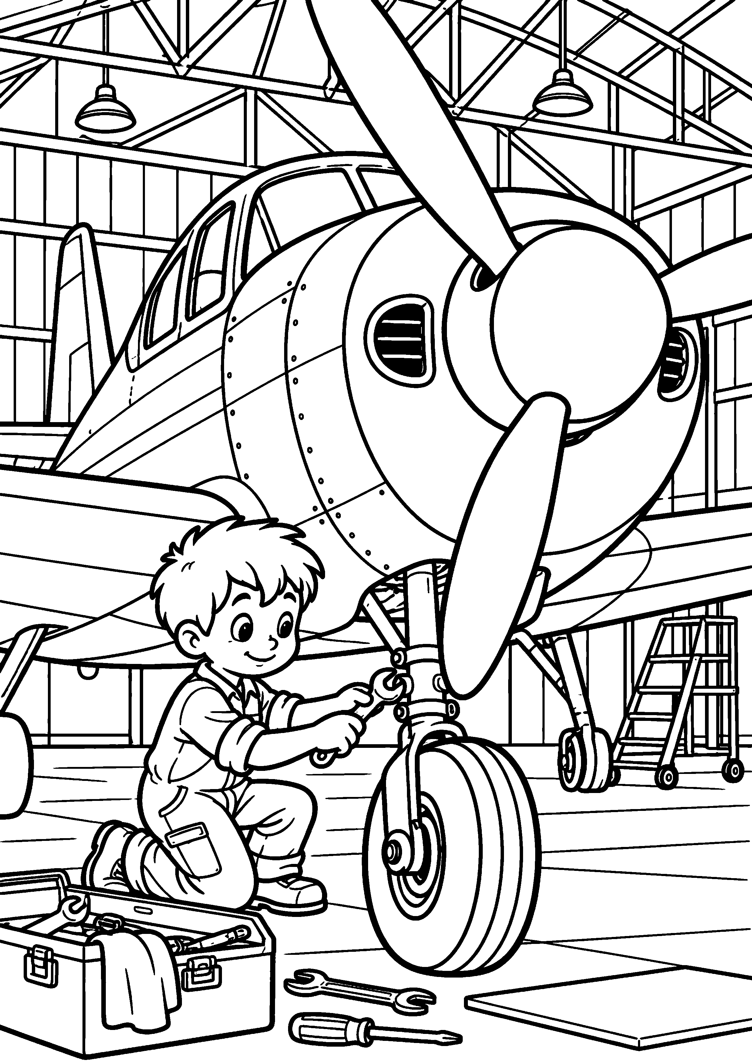 Coloriage en noir et blanc représentant avion dans un hangar avec mécanicien enfant générique, en grand format A4