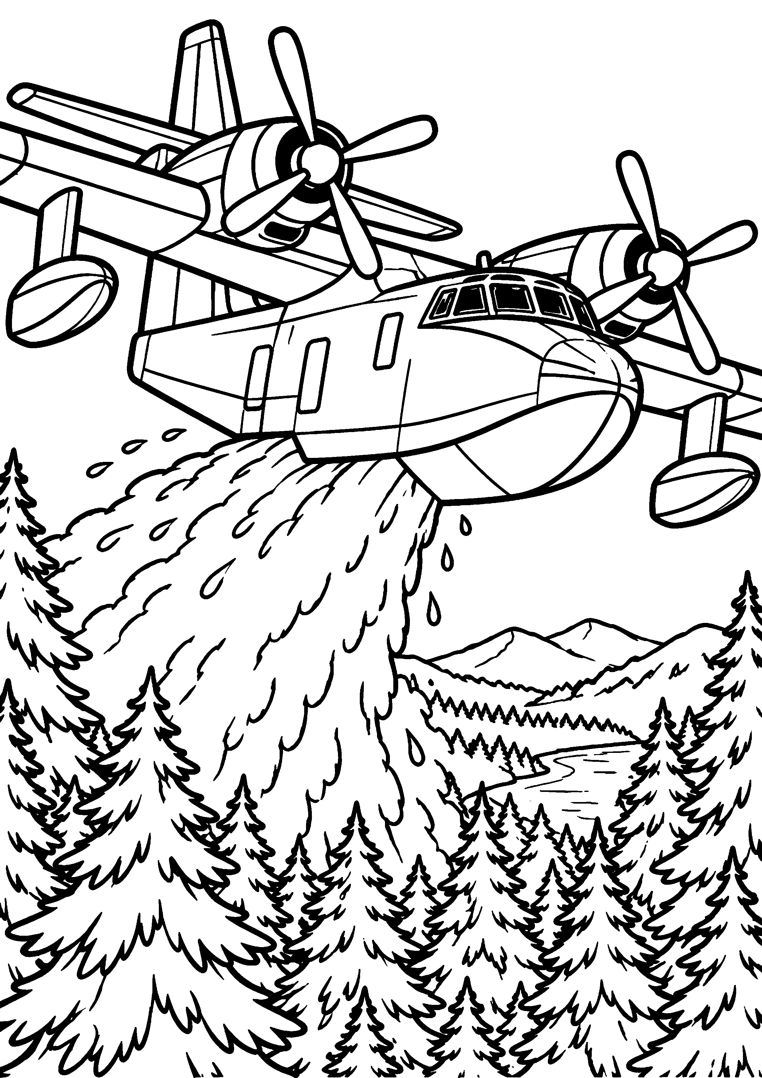 Coloriage en noir et blanc représentant avion de secours générique survolant une forêt sans emblème, en grand format A4