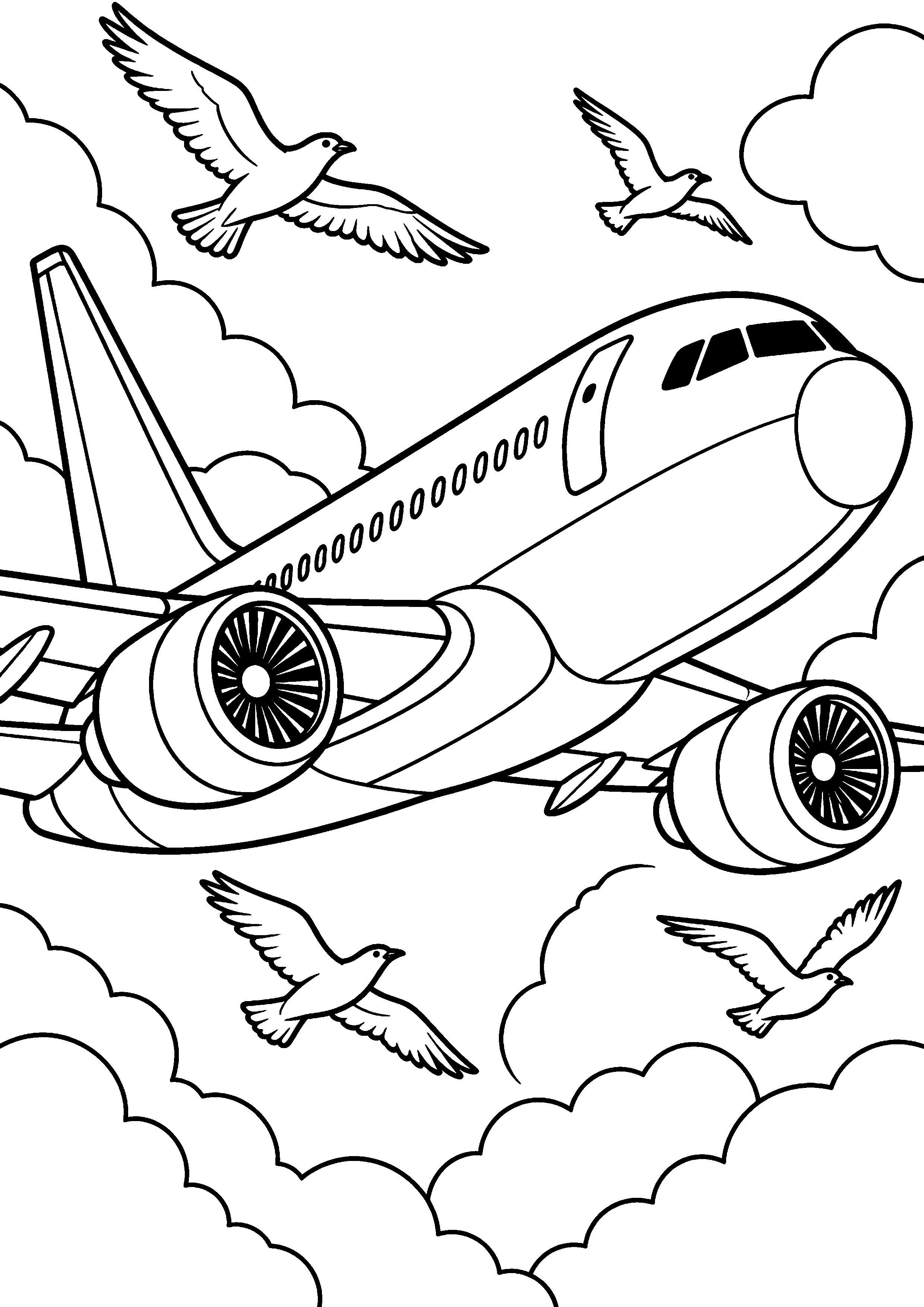 Coloriage en noir et blanc représentant avion entouré d'oiseaux à distance sûre, en grand format A4