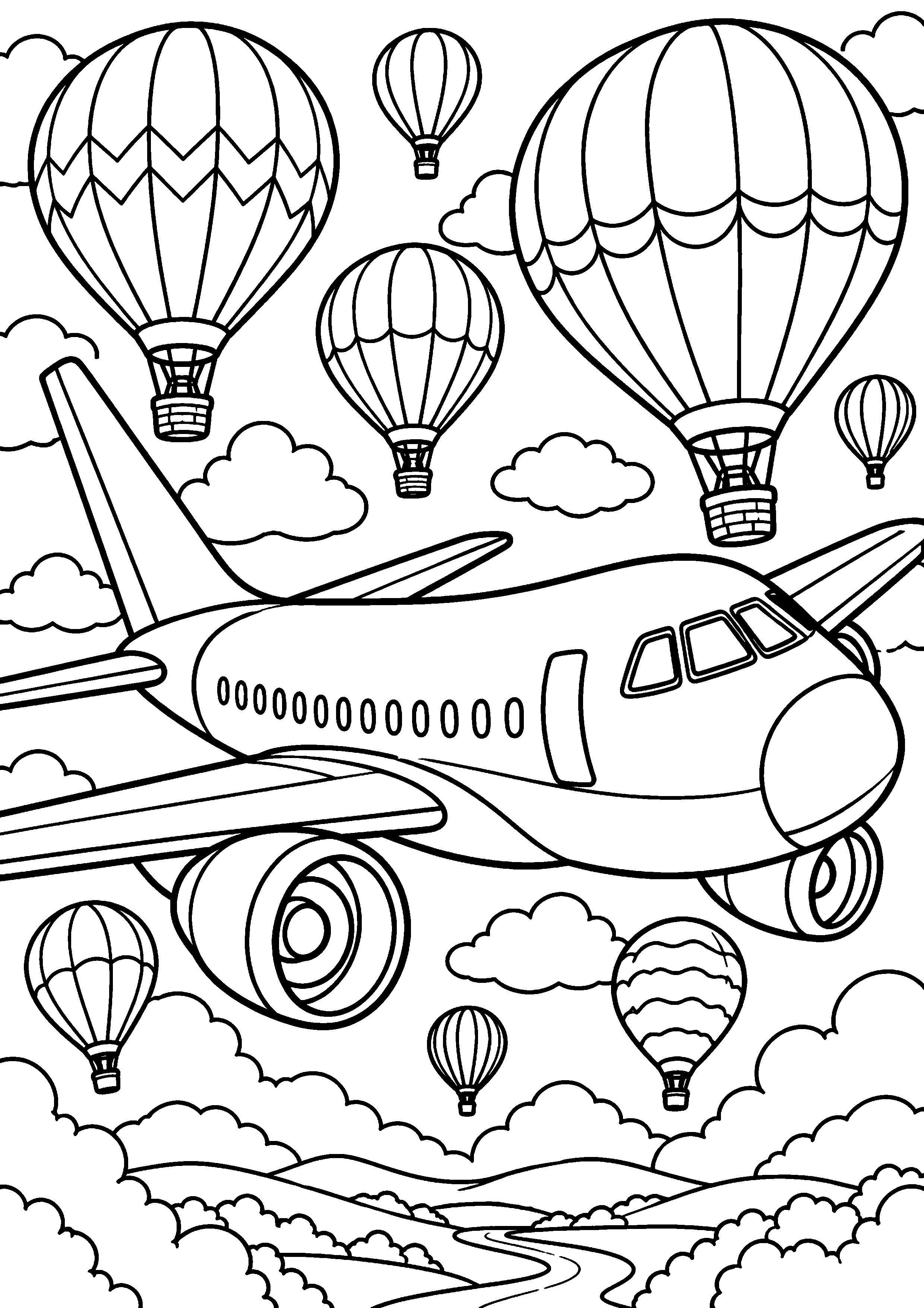 Coloriage en noir et blanc représentant avion entouré de montgolfières dans le ciel, en grand format A4