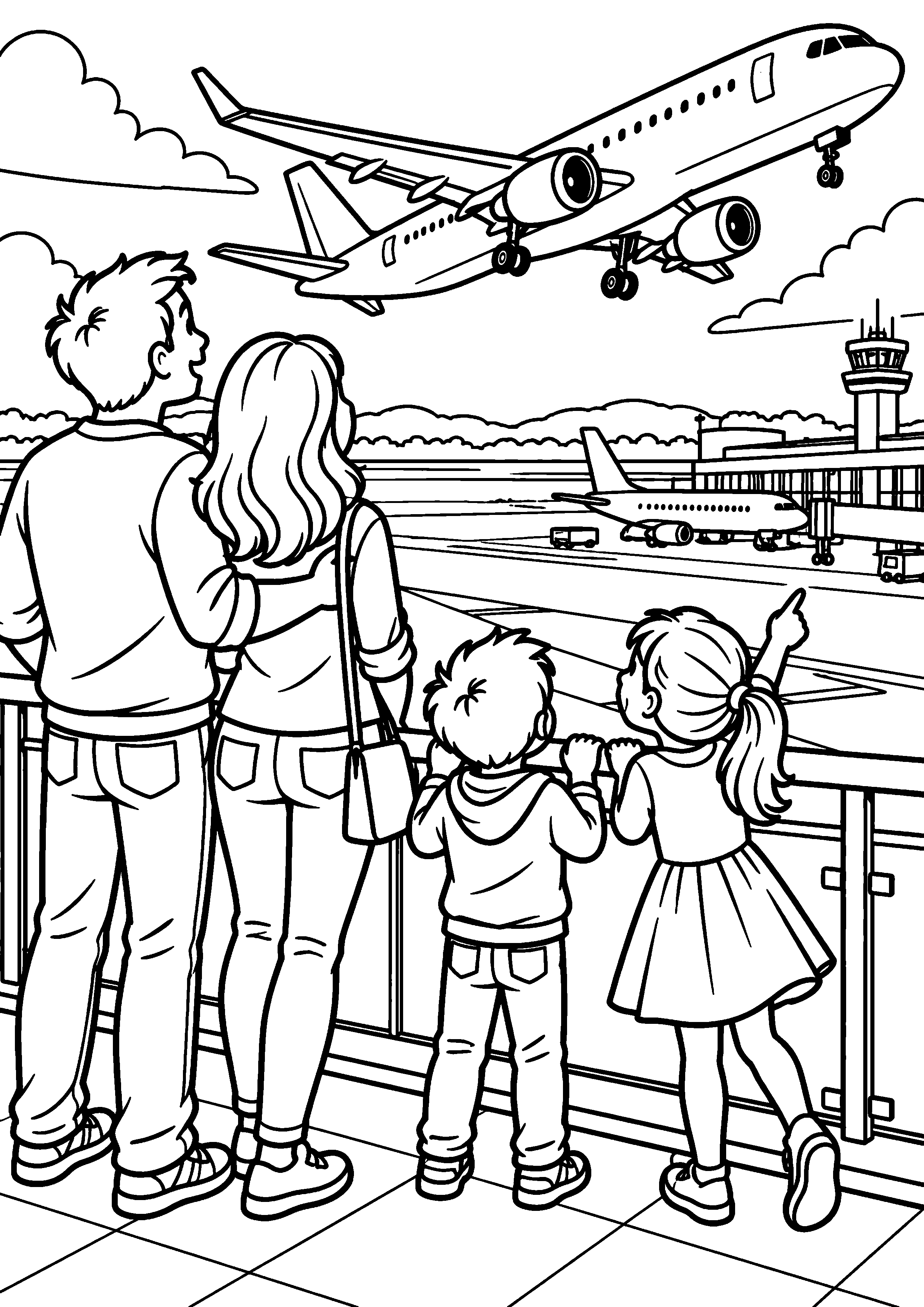 Coloriage en noir et blanc représentant famille regardant un avion depuis une terrasse d'aéroport, en grand format A4