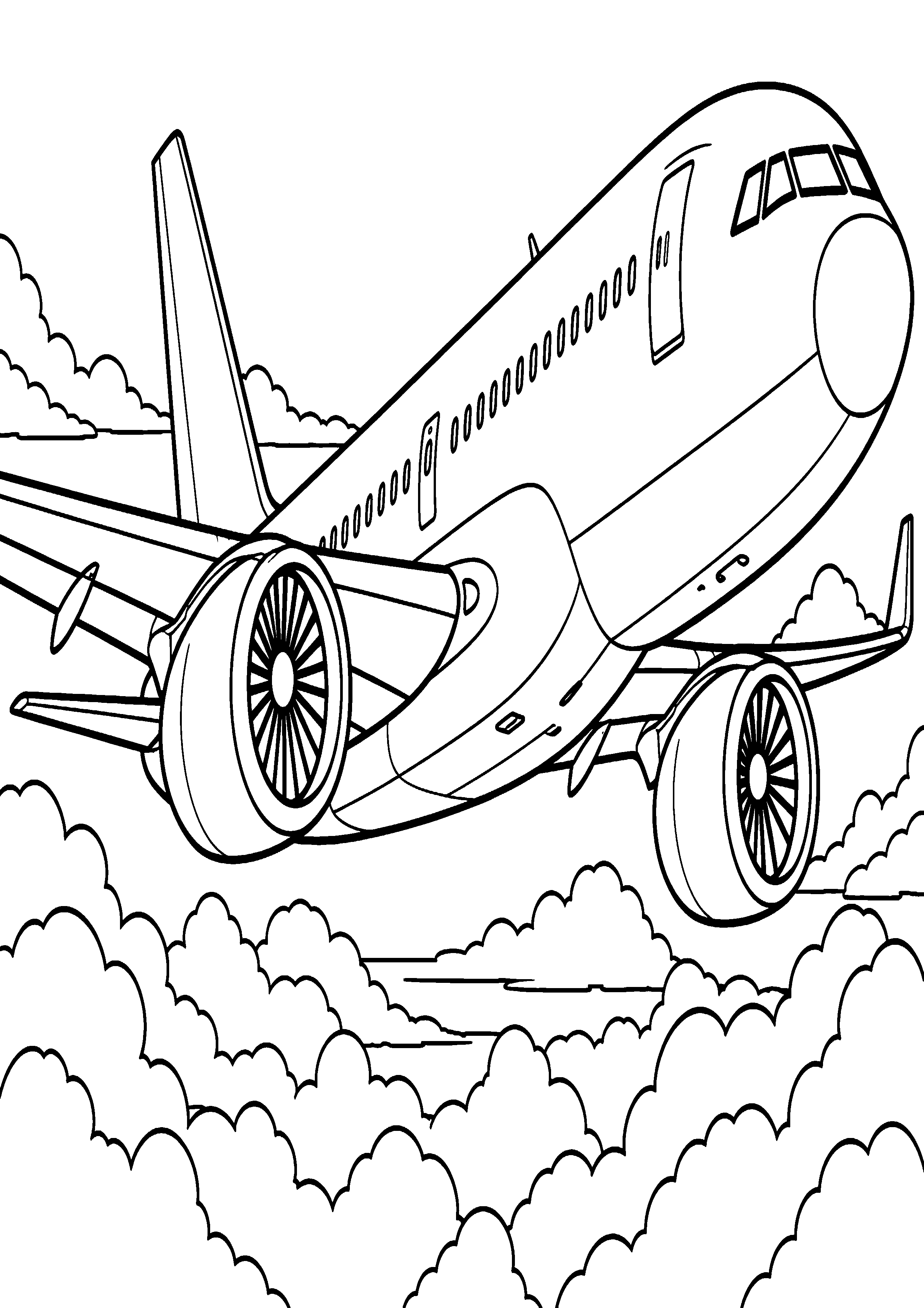 Coloriage en noir et blanc représentant grand avion de ligne générique volant au-dessus des nuages, en grand format A4