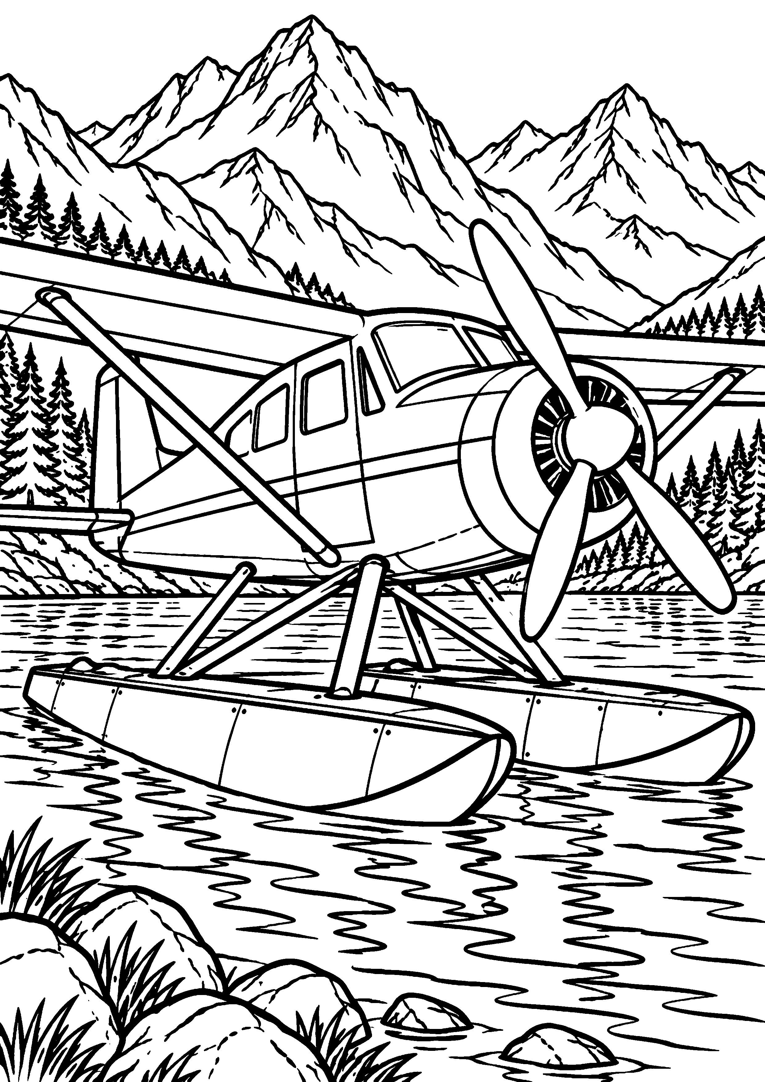Coloriage en noir et blanc représentant hydravion générique posé sur un lac de montagne, en grand format A4