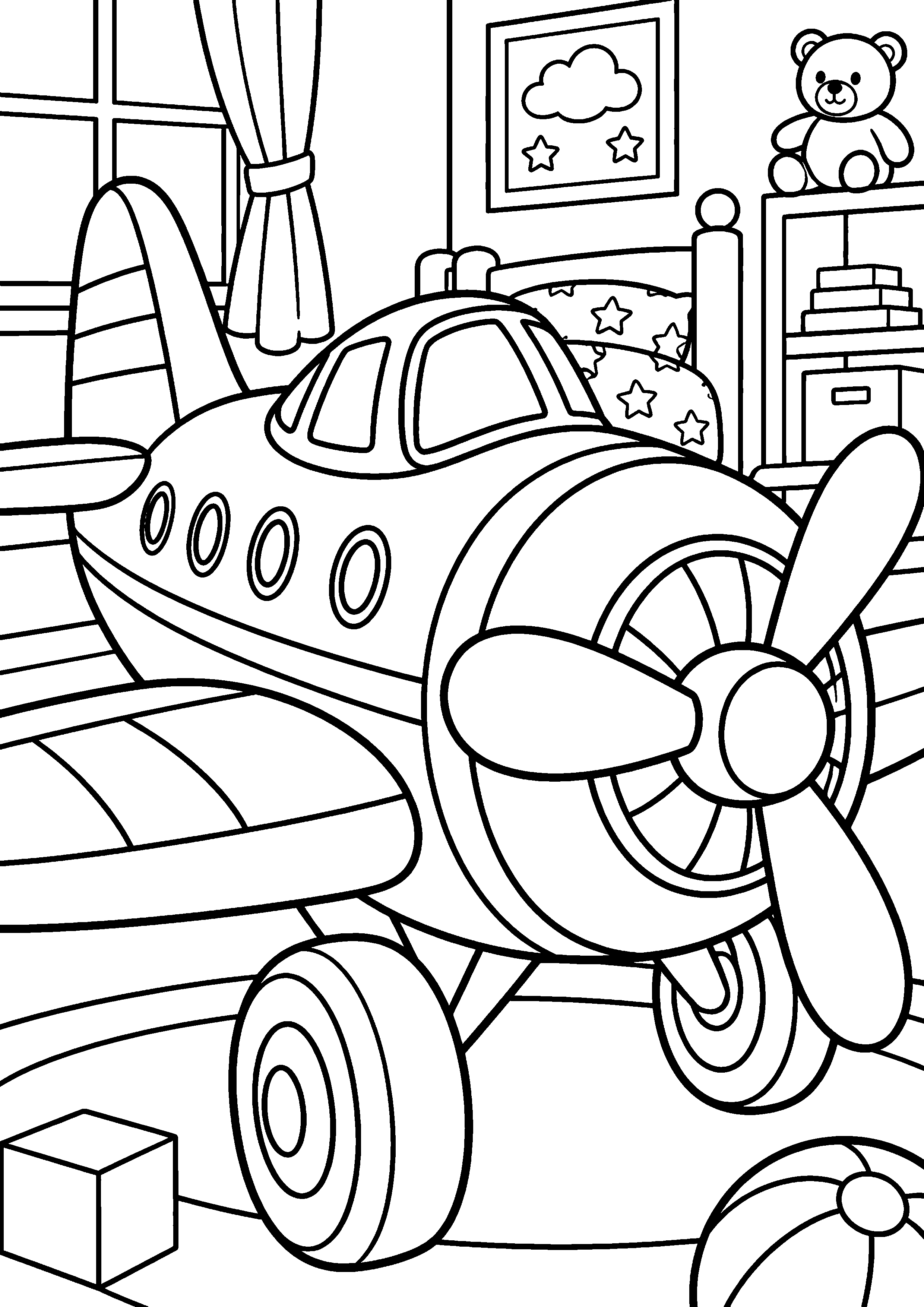 Coloriage en noir et blanc représentant avion jouet géant dans une chambre d'enfant, en grand format A4