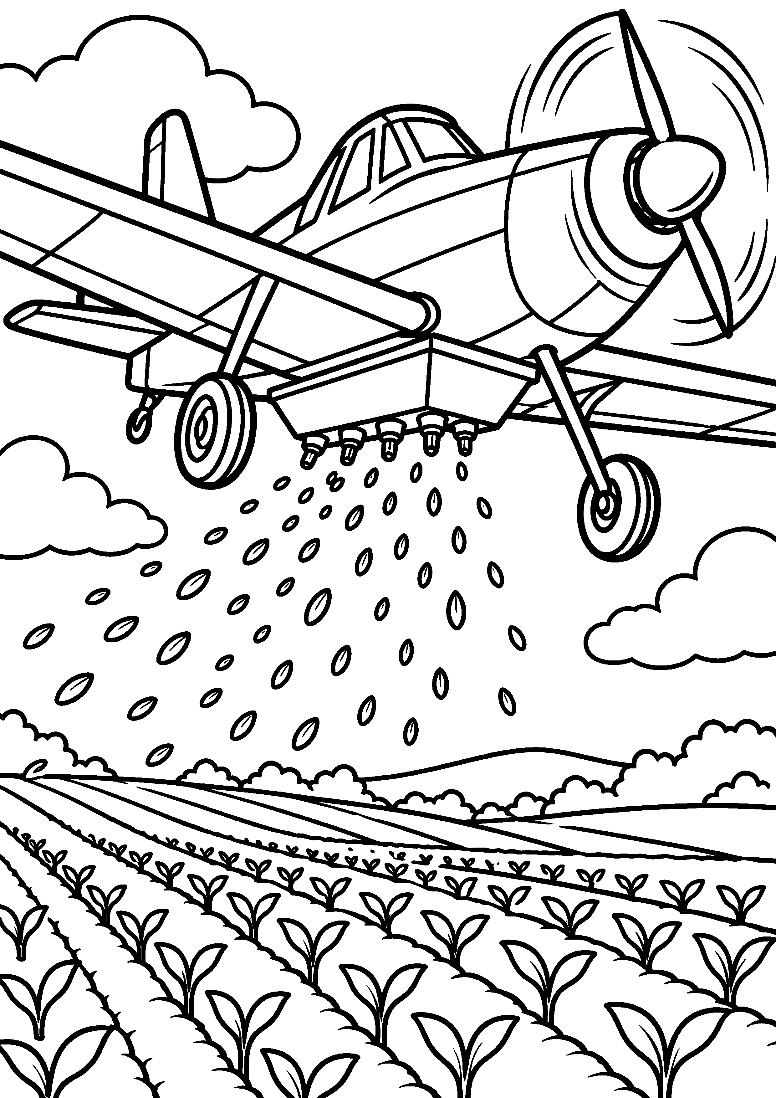 Coloriage en noir et blanc représentant avion larguant des graines imaginaires sur un champ, en grand format A4