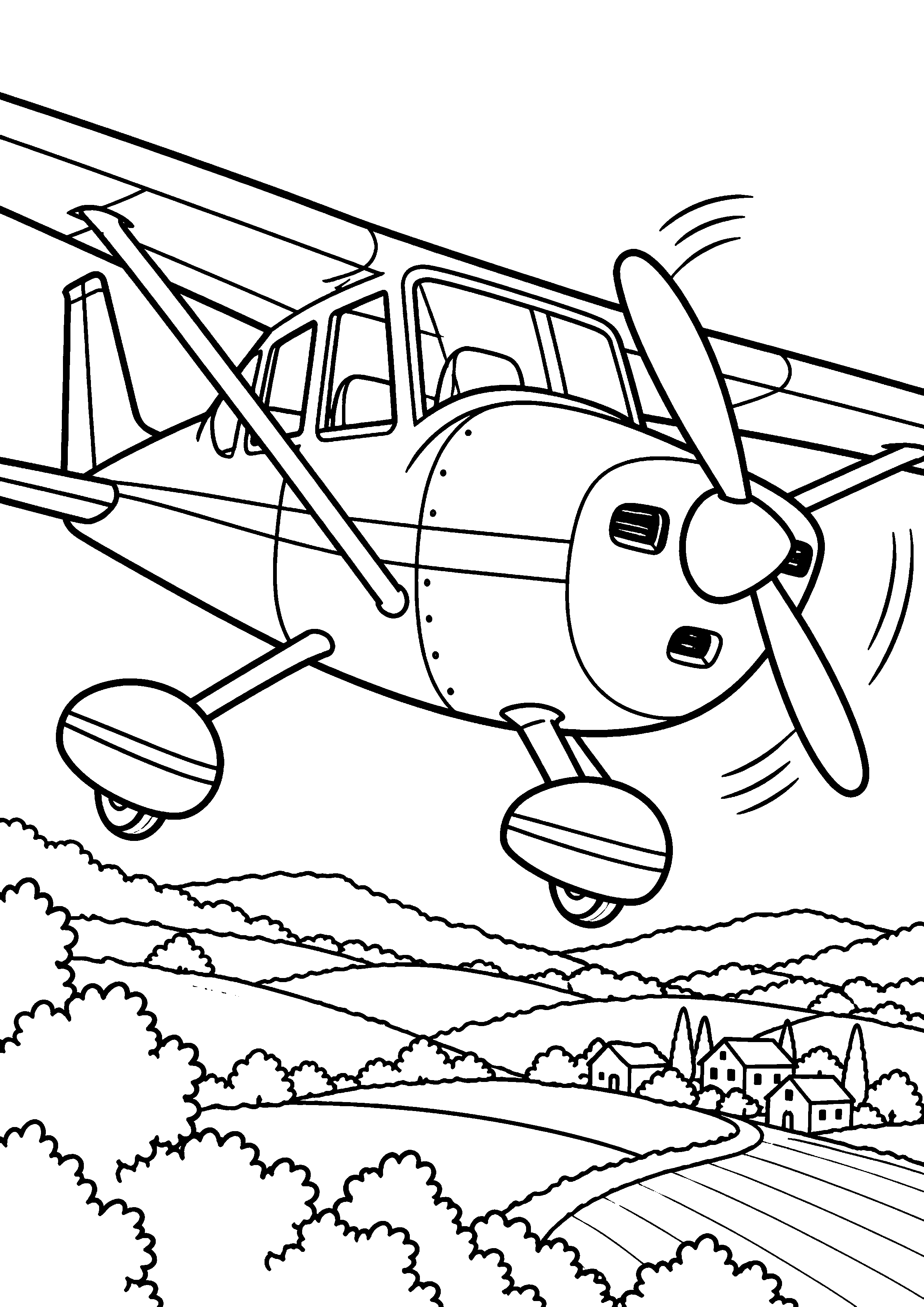 Coloriage en noir et blanc représentant petit avion à hélice générique au-dessus de la campagne, en grand format A4