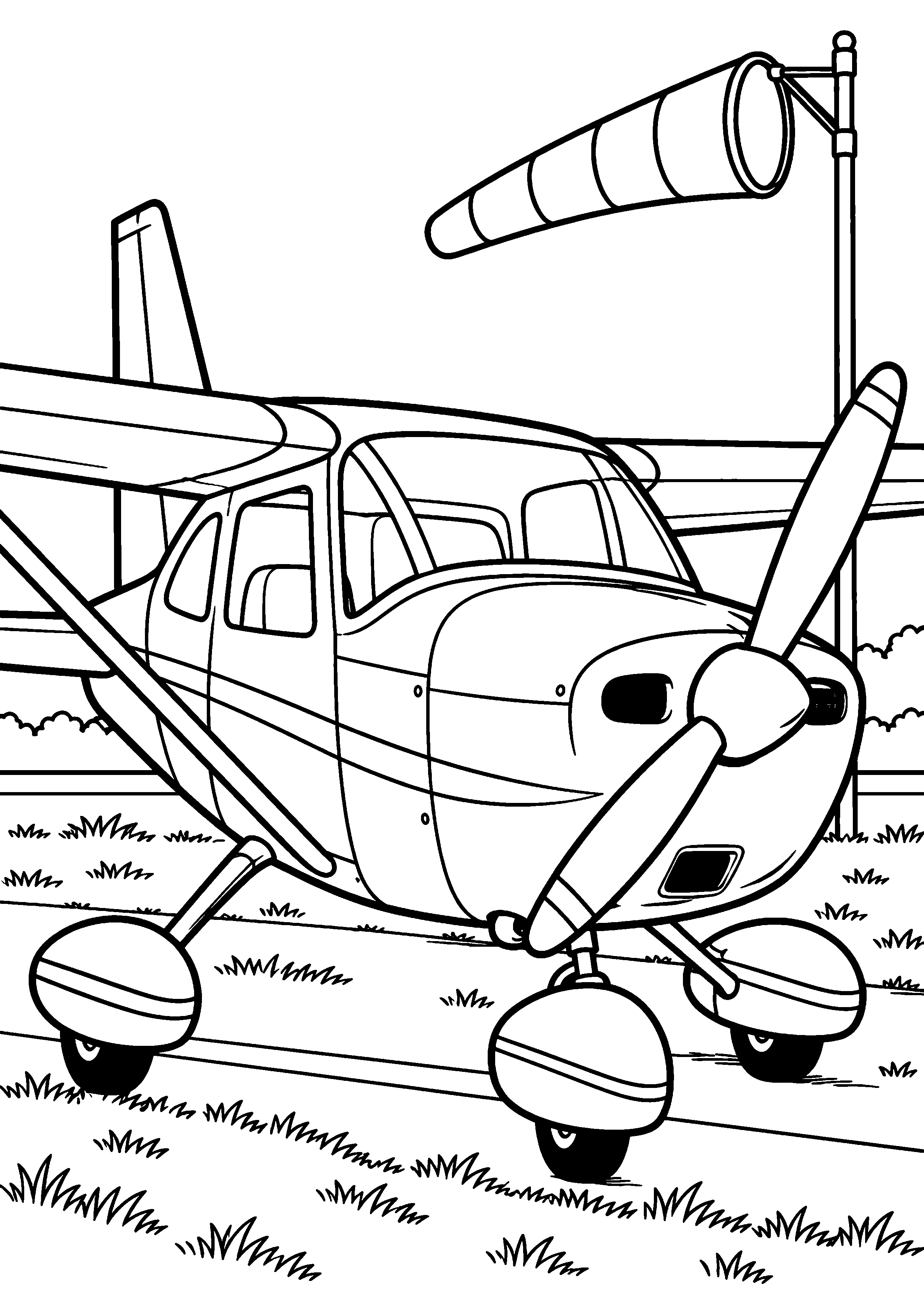 Coloriage en noir et blanc représentant petit avion garé près d'une manche à air, en grand format A4