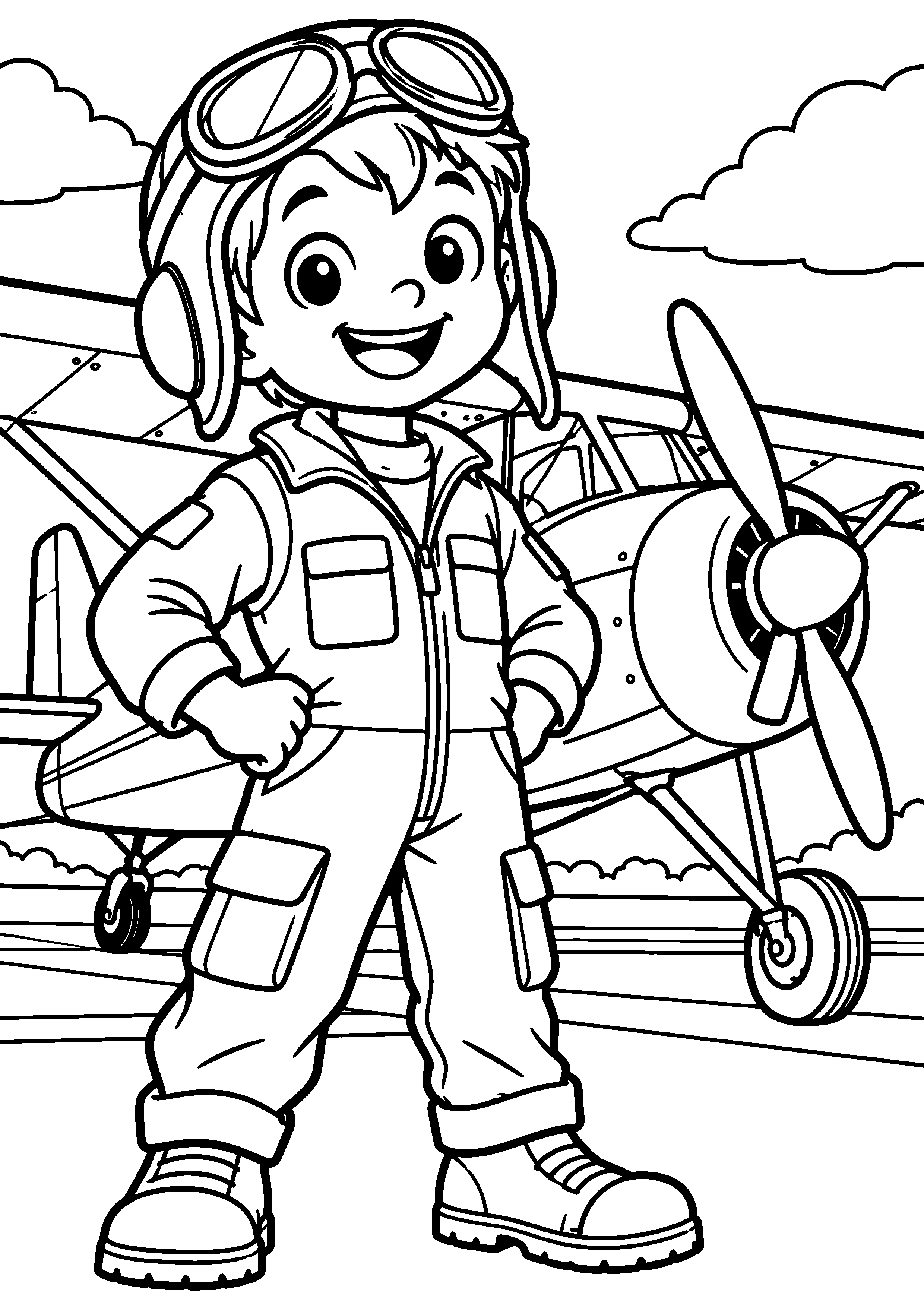 Coloriage en noir et blanc représentant pilote enfant générique devant un petit avion, en grand format A4