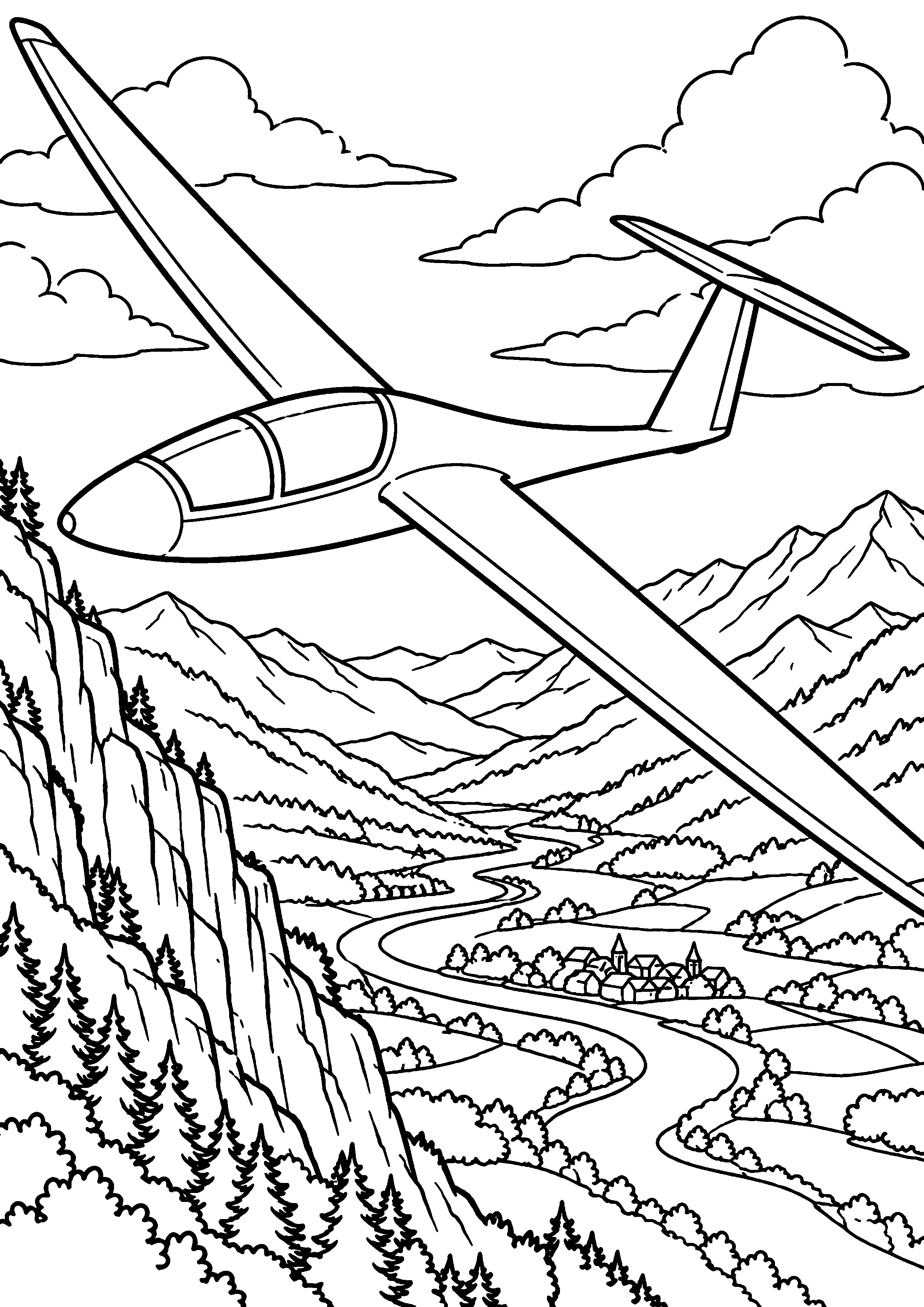 Coloriage en noir et blanc représentant planeur générique survolant une vallée, en grand format A4