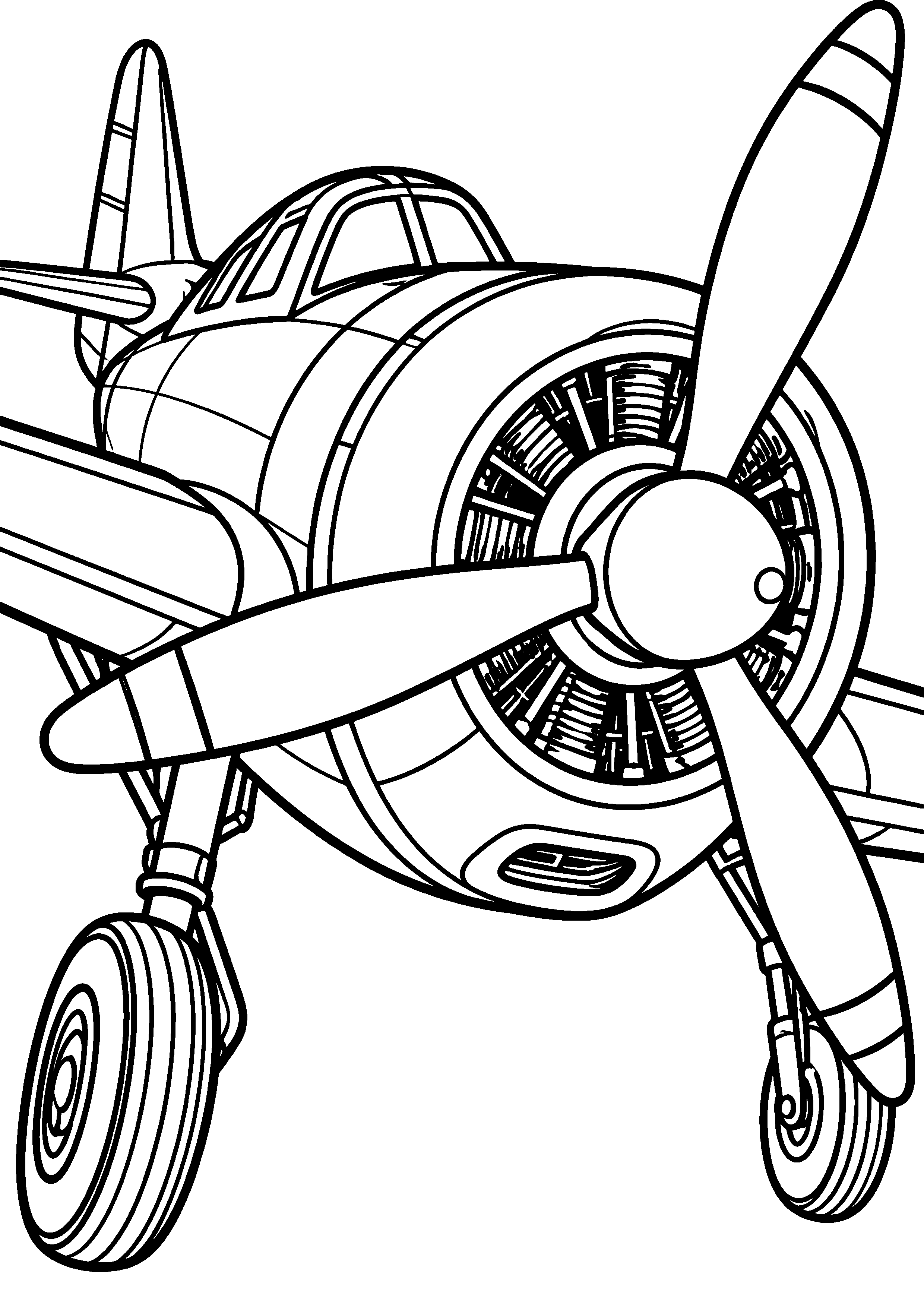 Coloriage en noir et blanc représentant portrait rapproché d'un avion à hélice pleine page, en grand format A4
