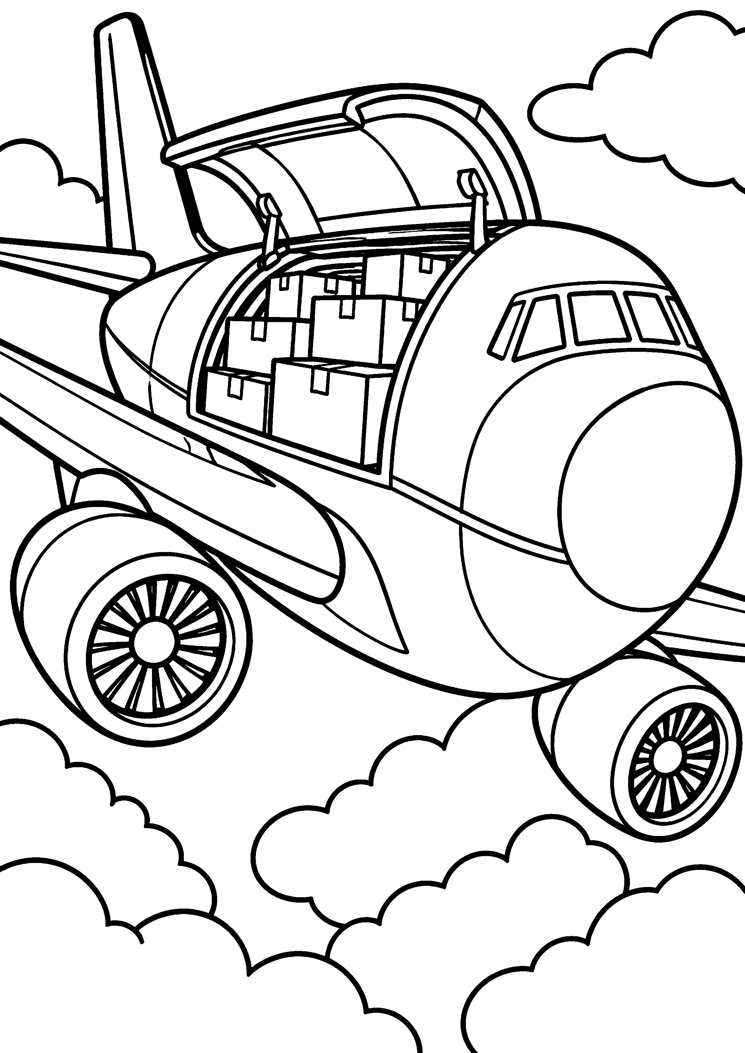 Coloriage en noir et blanc représentant avion postal imaginaire transportant des colis sans logo, en grand format A4