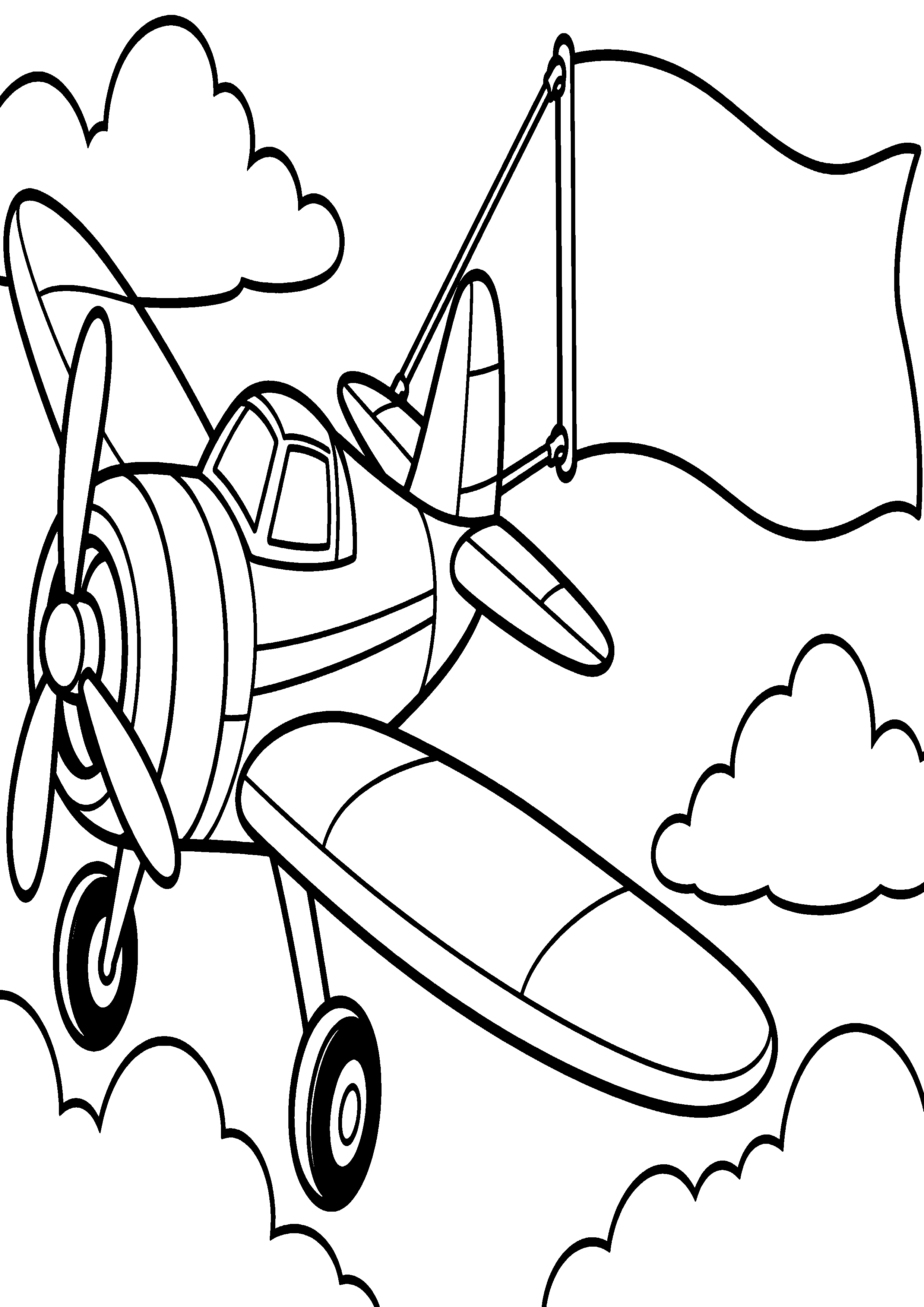 Coloriage en noir et blanc représentant avion remorquant une bannière entièrement blanche, en grand format A4