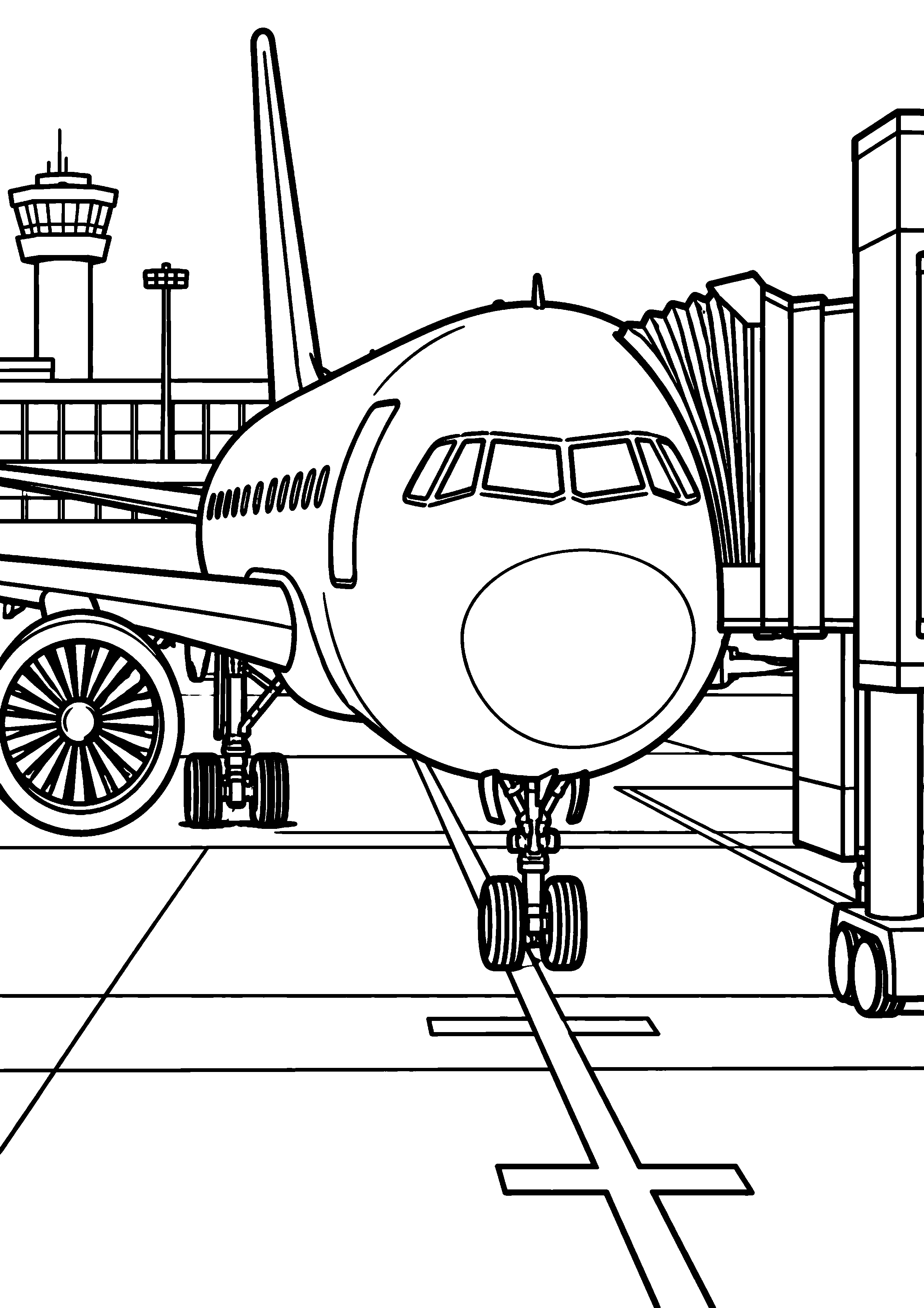 Coloriage en noir et blanc représentant avion roulant vers une passerelle d'aéroport, en grand format A4