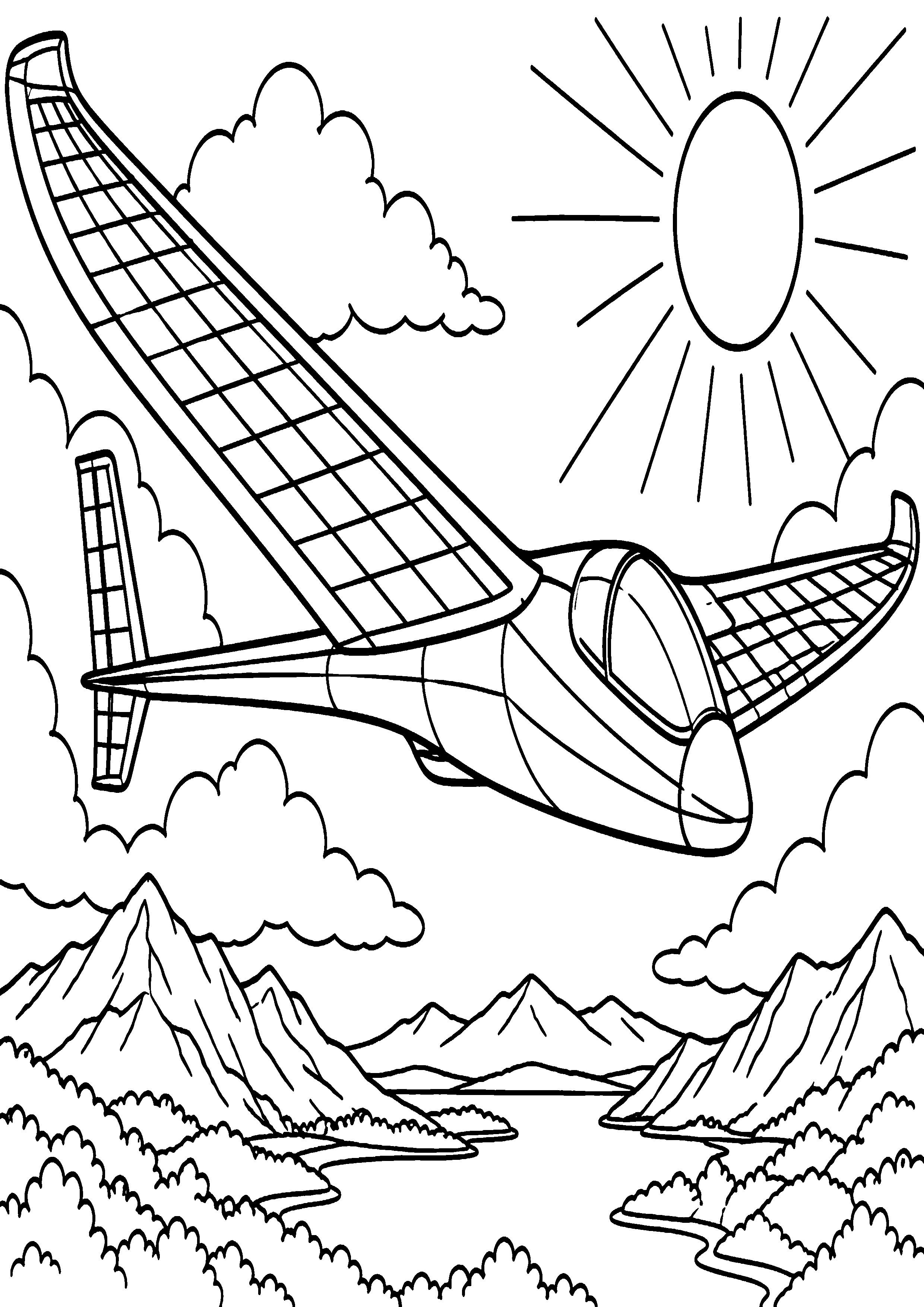 Coloriage en noir et blanc représentant avion solaire imaginaire aux grandes ailes, en grand format A4