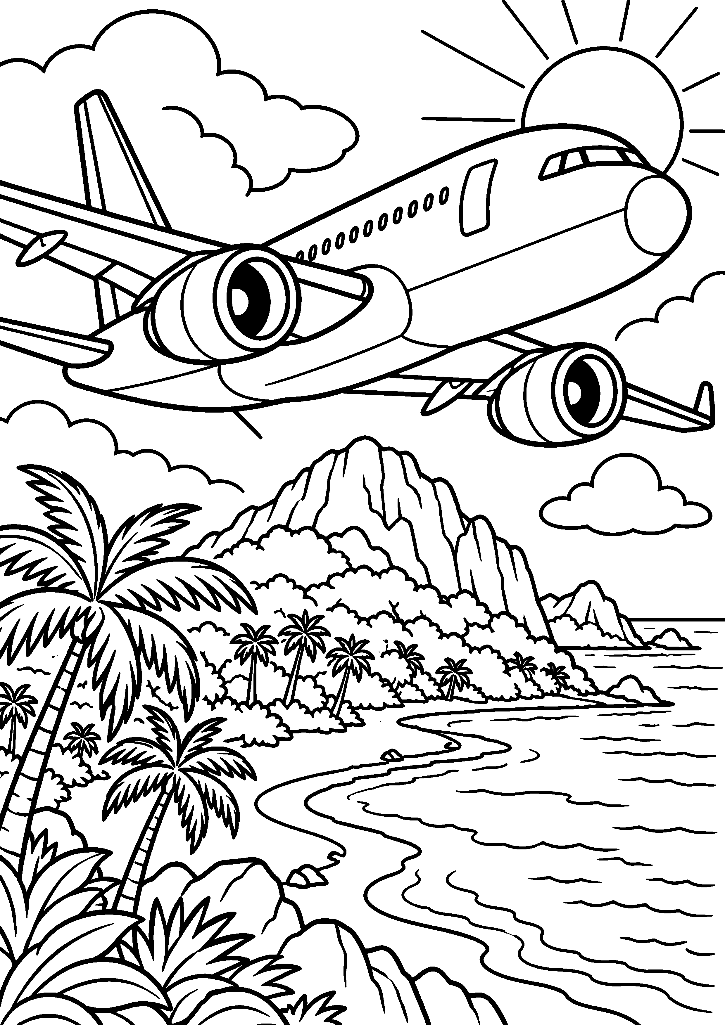 Coloriage en noir et blanc représentant avion survolant une île tropicale, en grand format A4