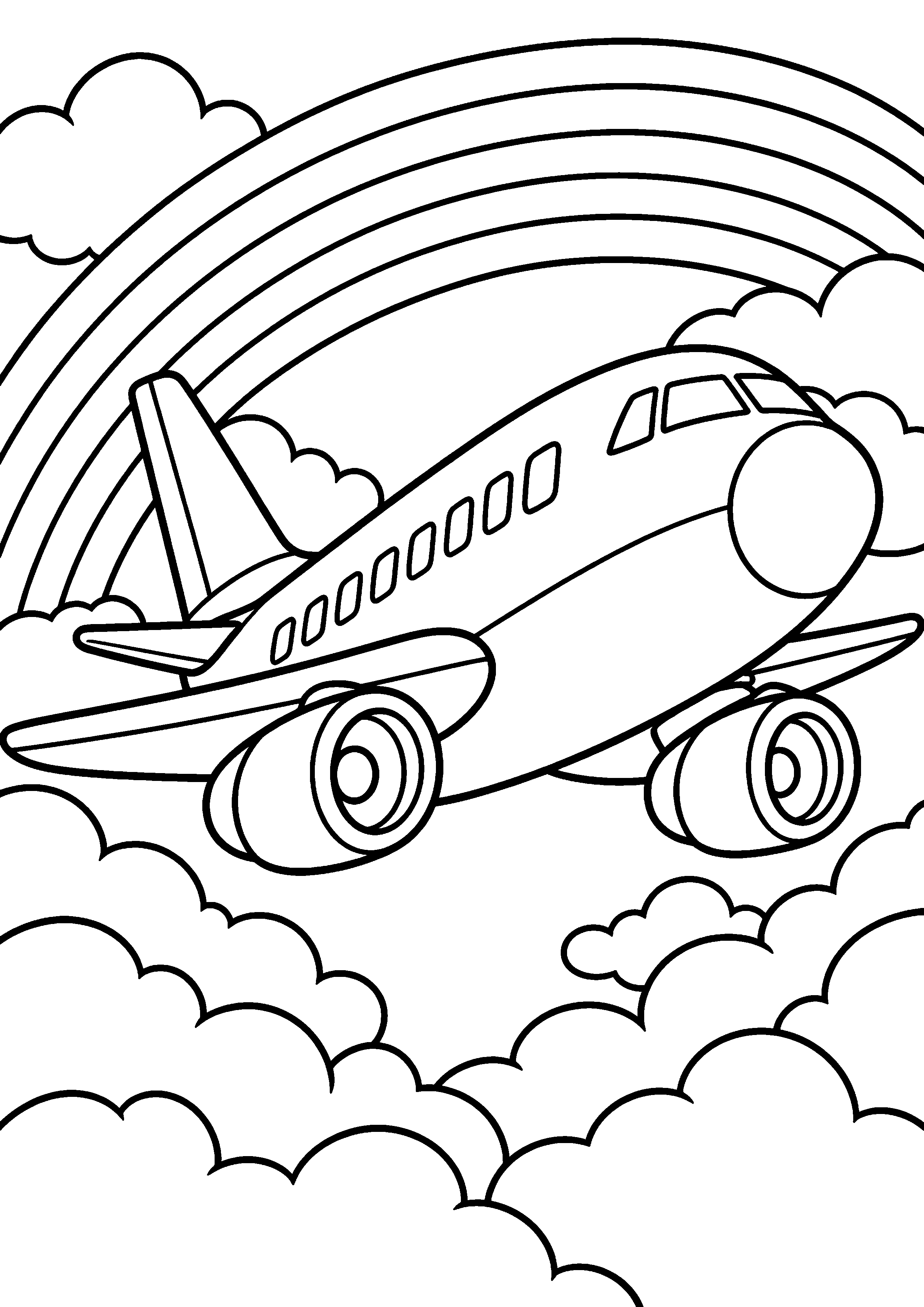 Coloriage en noir et blanc représentant avion traversant un arc-en-ciel et des nuages, en grand format A4