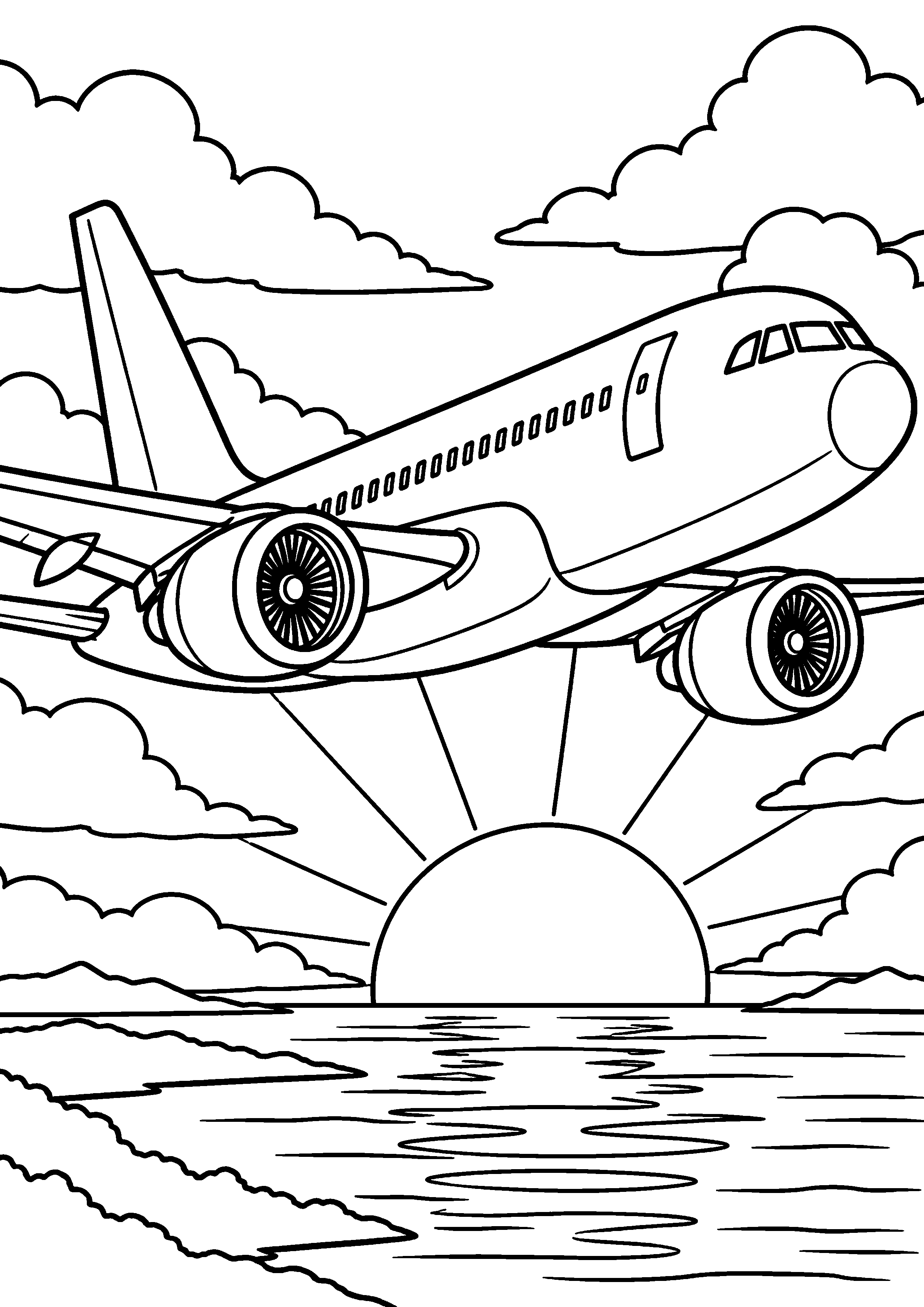 Coloriage en noir et blanc représentant avion volant au coucher du soleil sans ombrage, en grand format A4