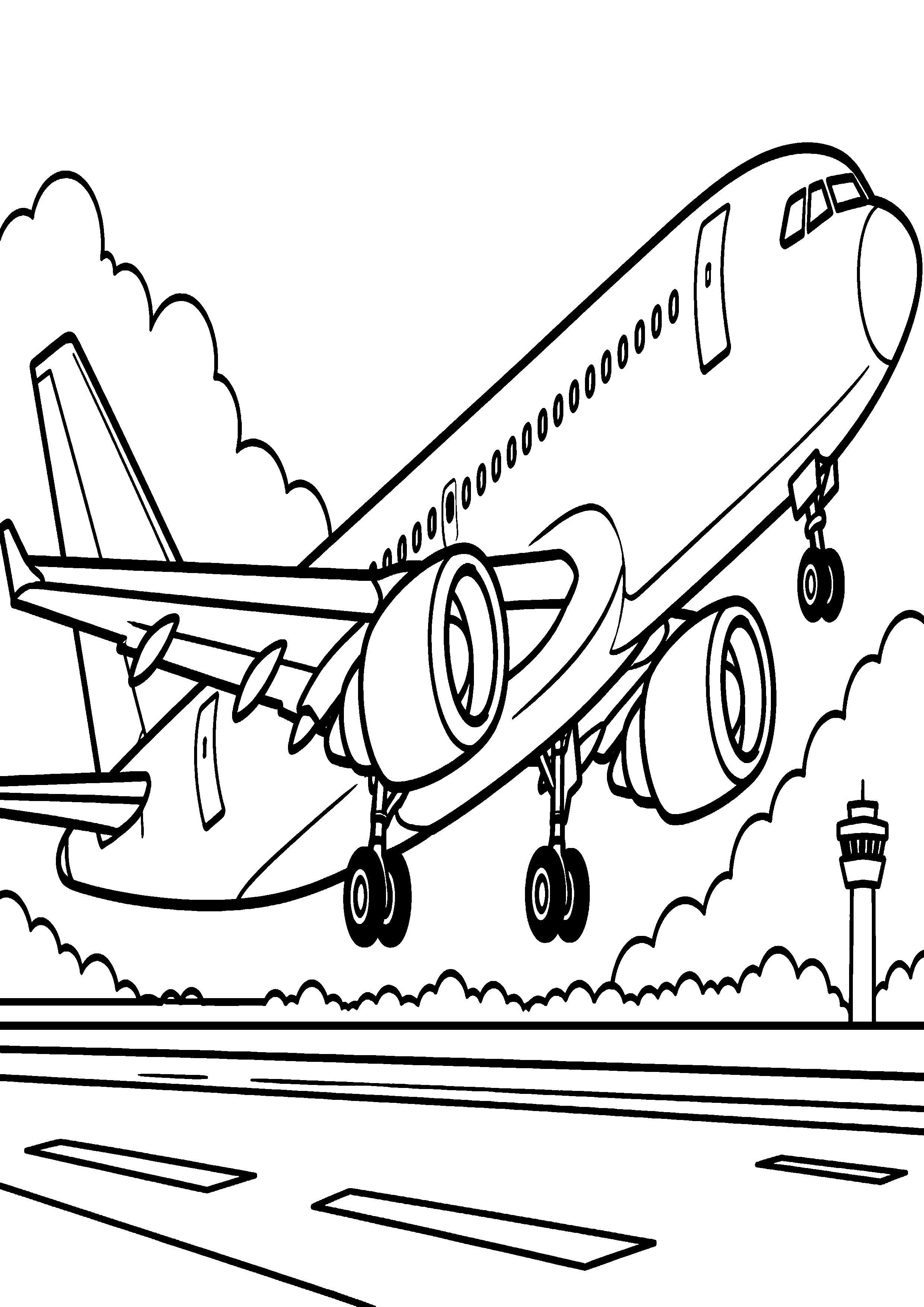 Coloriage en noir et blanc représentant avion vu de côté au décollage, en grand format A4