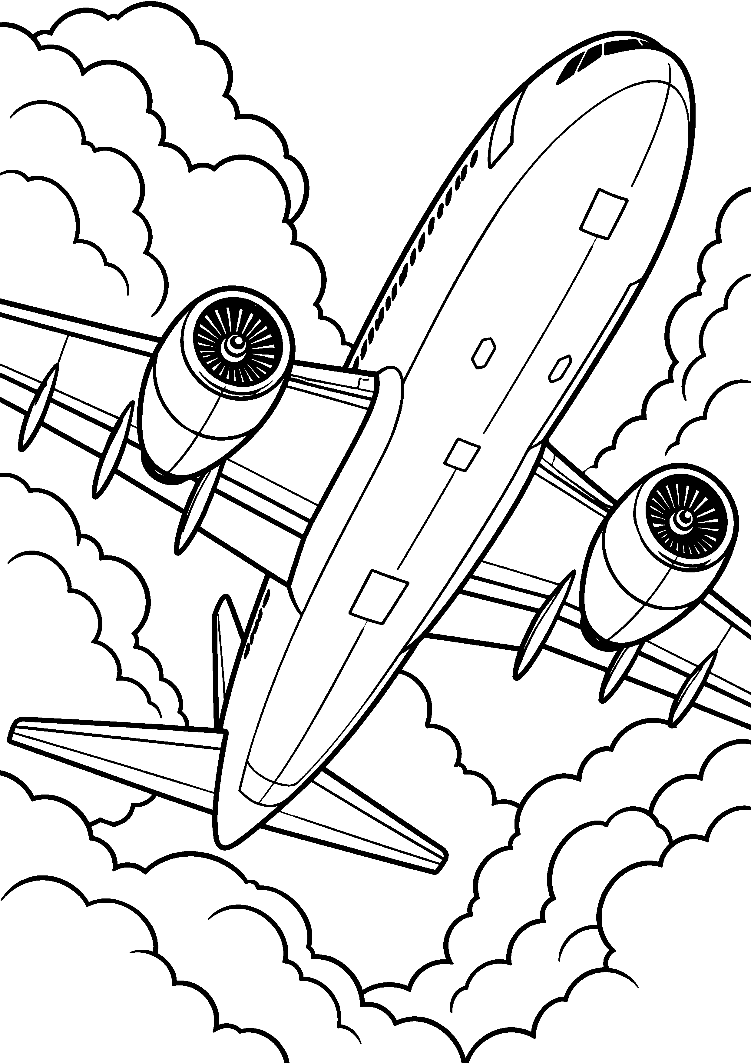 Coloriage en noir et blanc représentant avion vu de dessous passant entre de gros nuages, en grand format A4