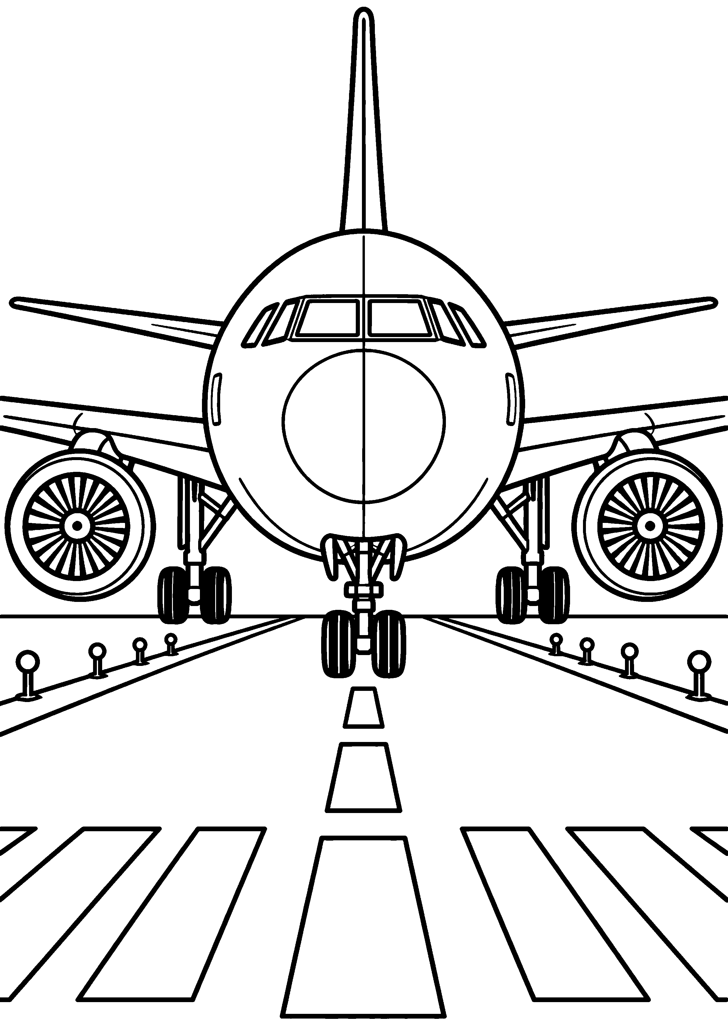Coloriage en noir et blanc représentant avion vu de face sur une piste avec balises, en grand format A4
