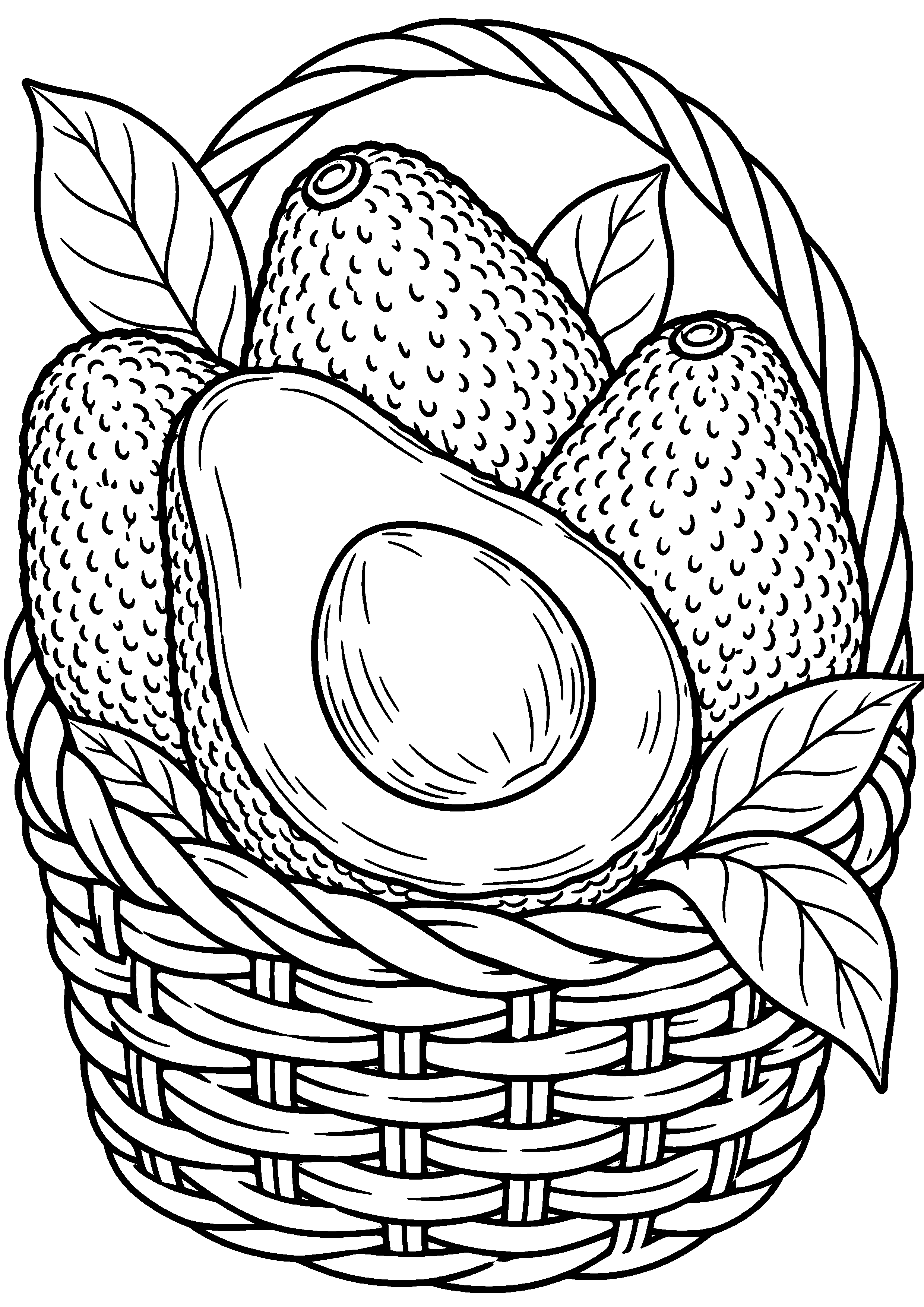 Grand coloriage d’un avocat dans un panier généreusement rempli, contours noirs nets sur fond blanc