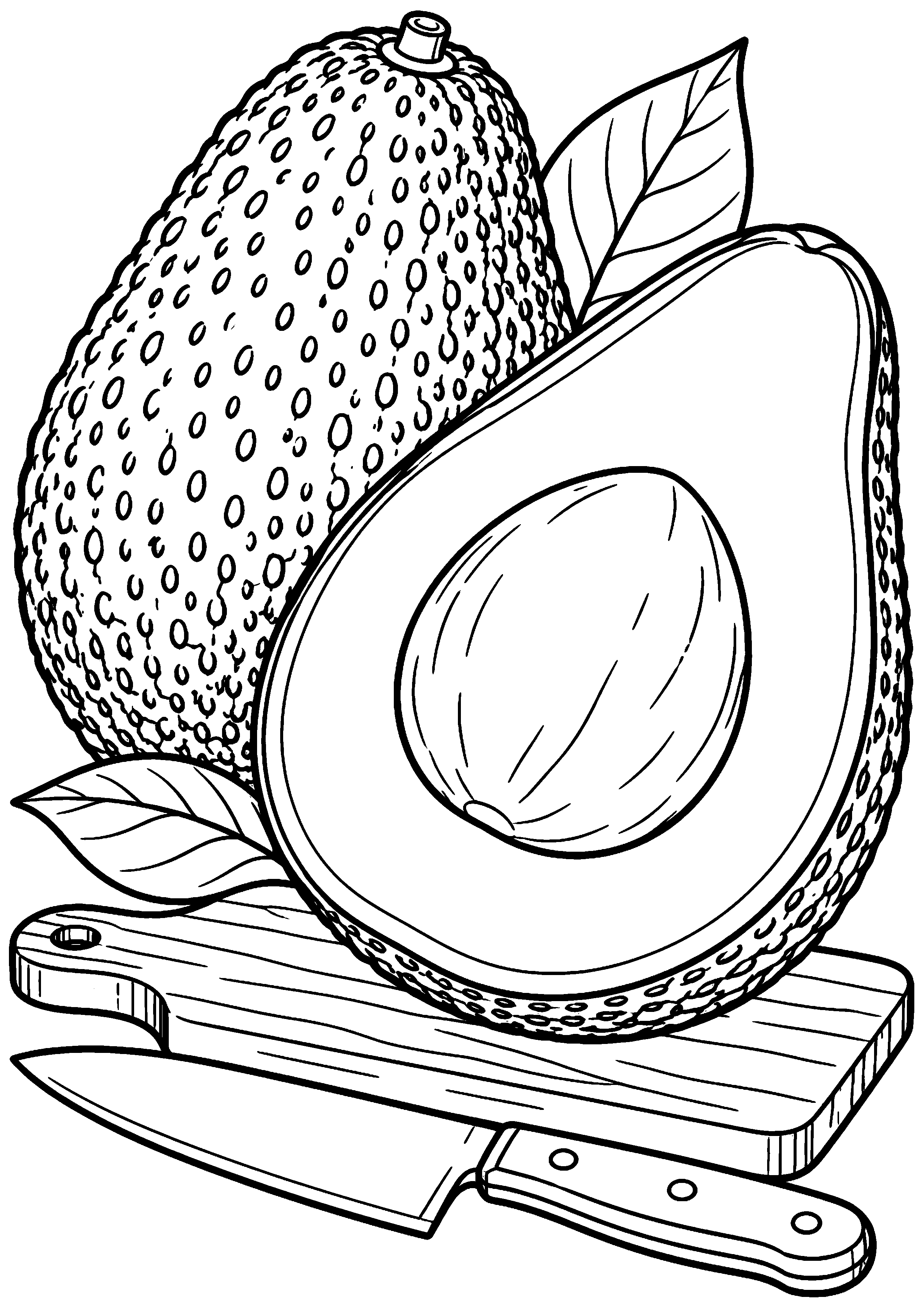 Grand coloriage d’un avocat sur une assiette avec le fruit dominant, contours noirs nets sur fond blanc