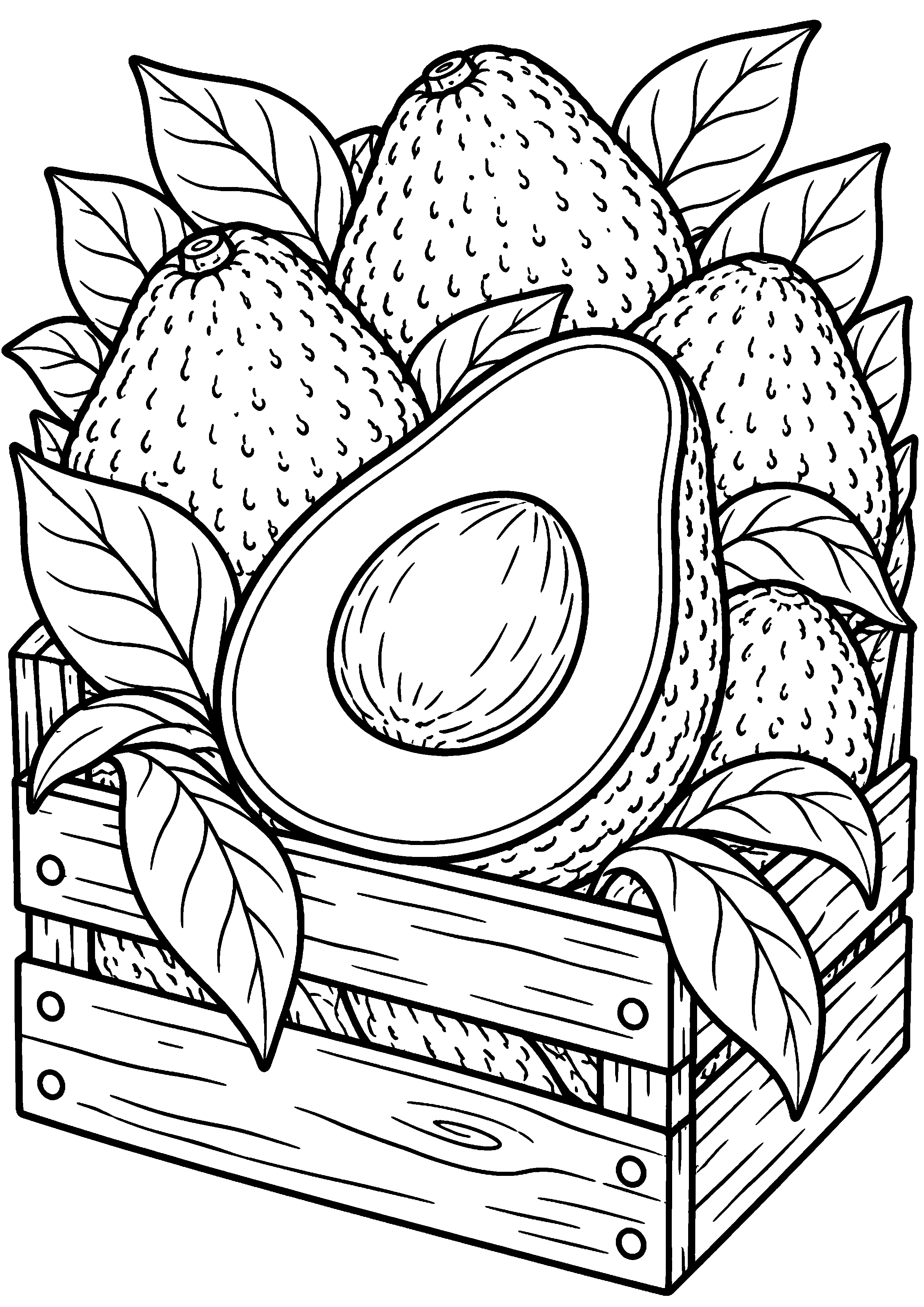 Grand coloriage d’un avocat en personnage-fruit souriant original, contours noirs nets sur fond blanc