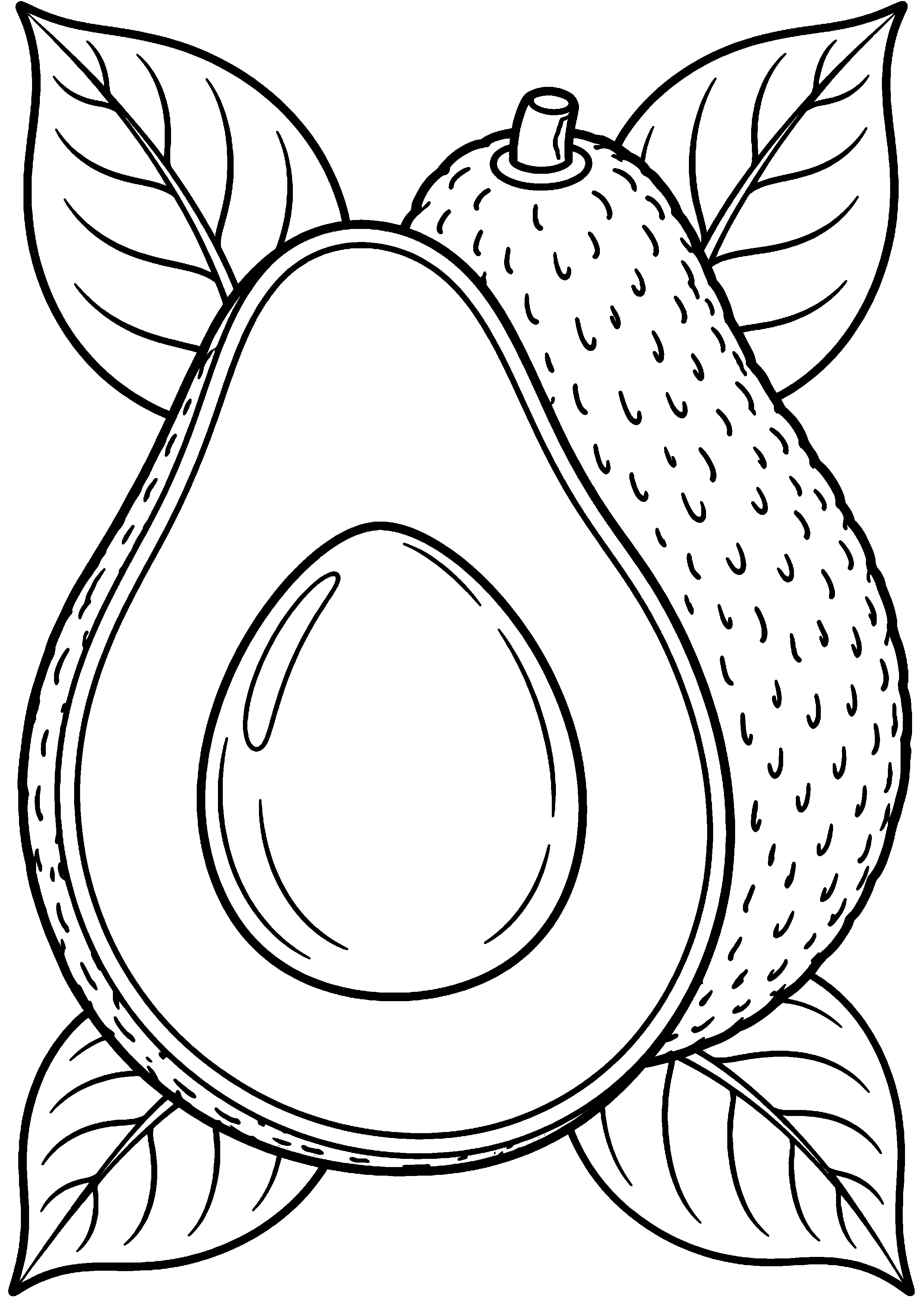 Grand coloriage d’un avocat dans un motif avec une grande unité centrale, contours noirs nets sur fond blanc
