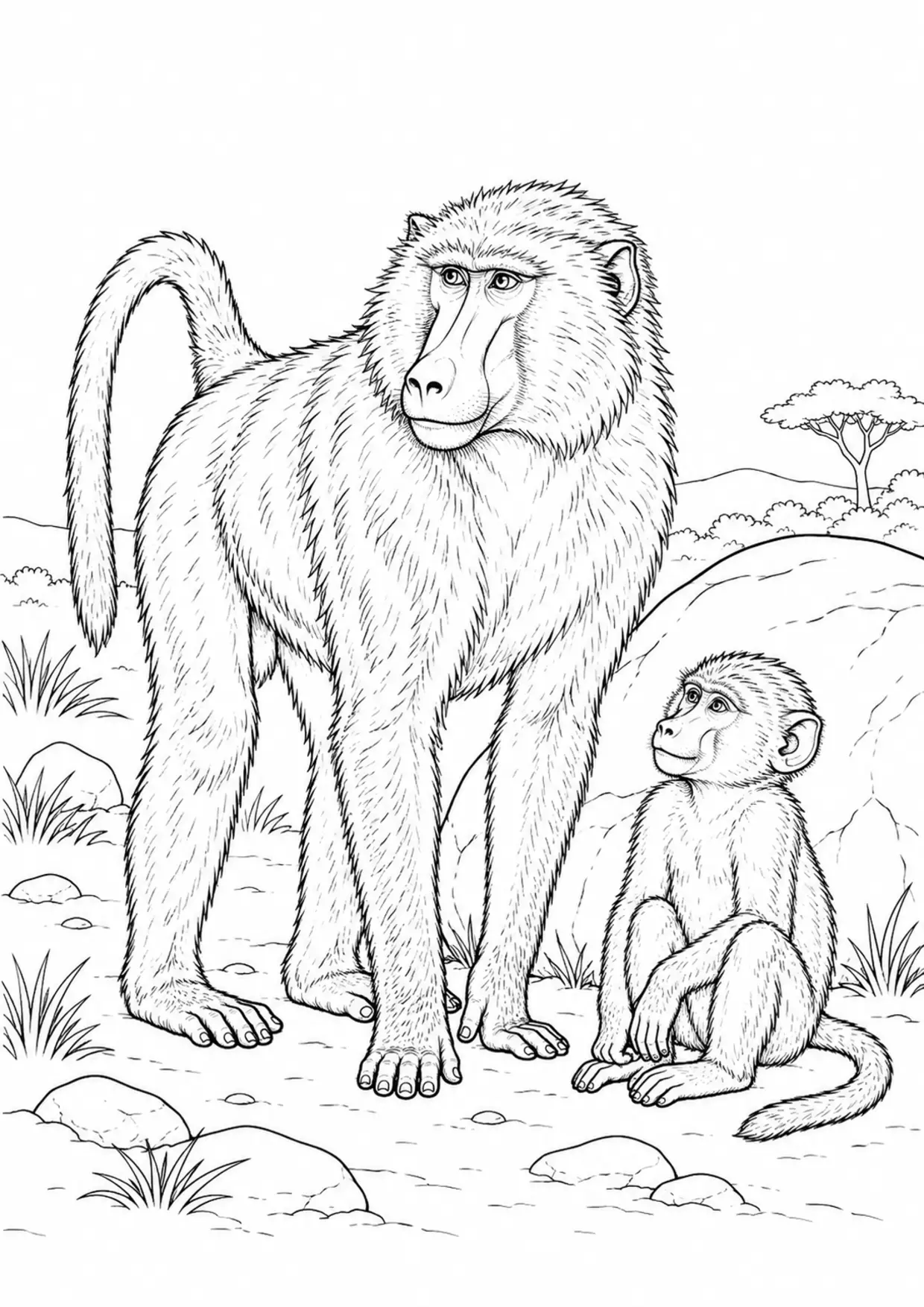 Coloriage babouin : adulte et petit près d’un rocher à imprimer