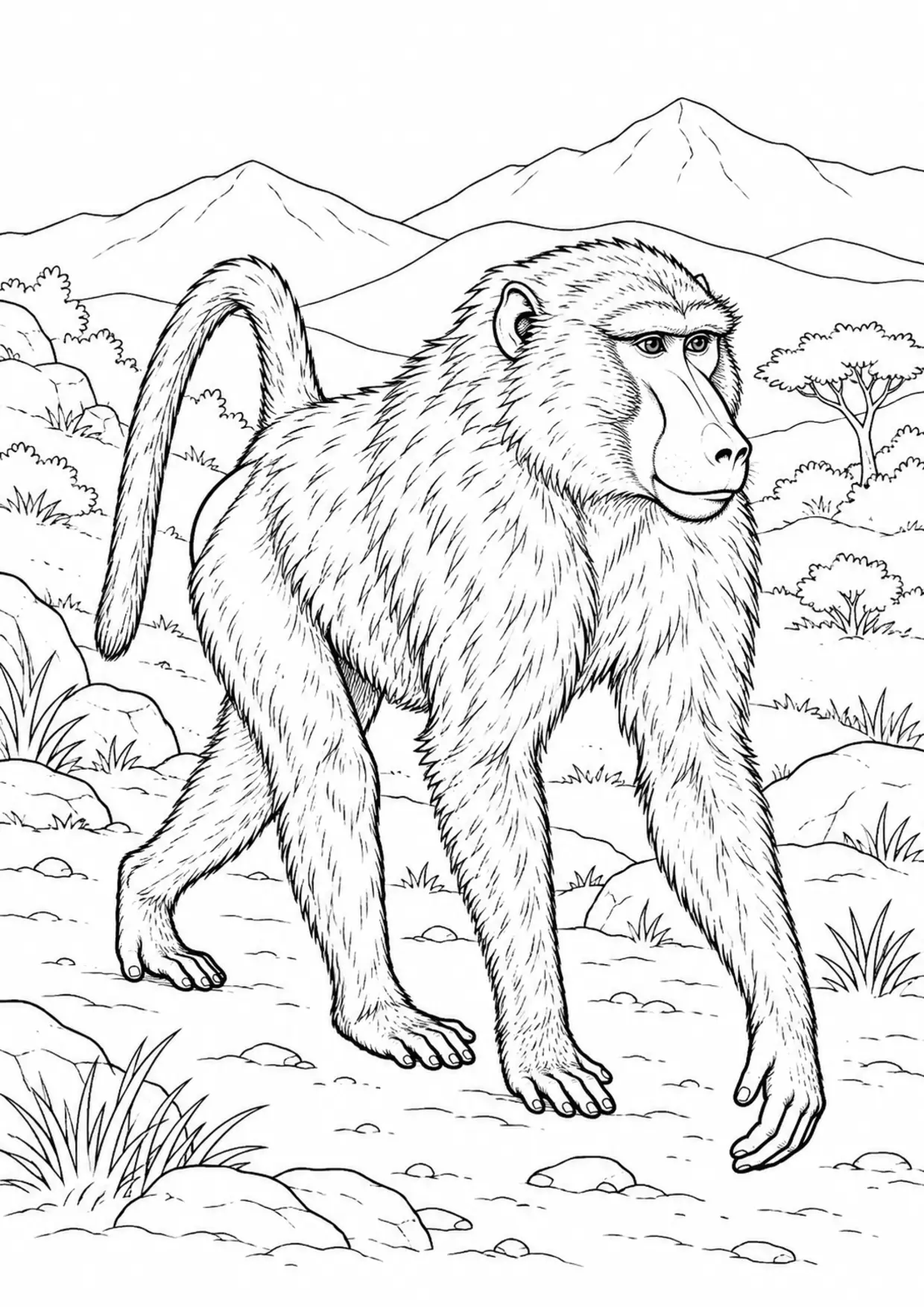 Coloriage babouin : animal dans un décor de montagnes, contours noirs nets et zones fermées sur fond blanc