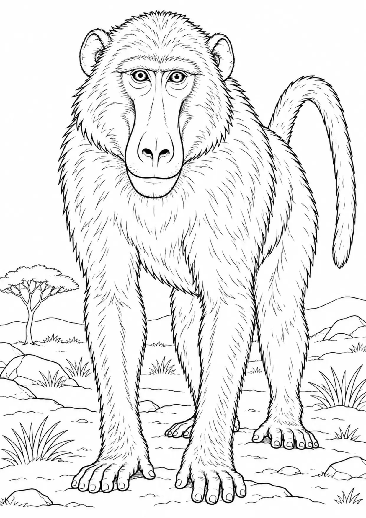 Coloriage babouin : grand portrait de face aux contours simples à imprimer