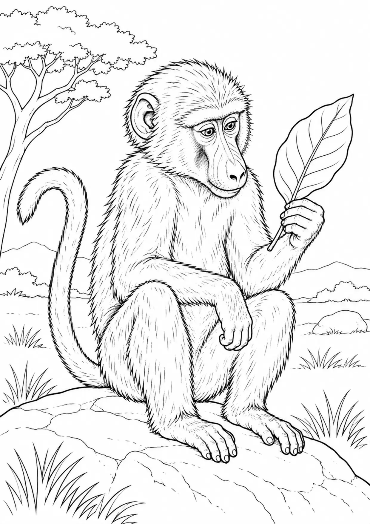 Coloriage babouin : jeune animal curieux avec une grande feuille à imprimer