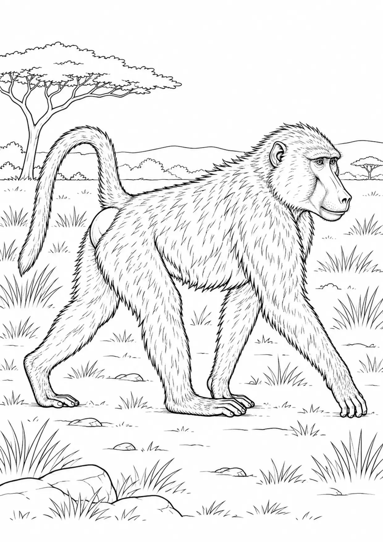 Coloriage babouin : profil marchant dans son habitat à imprimer