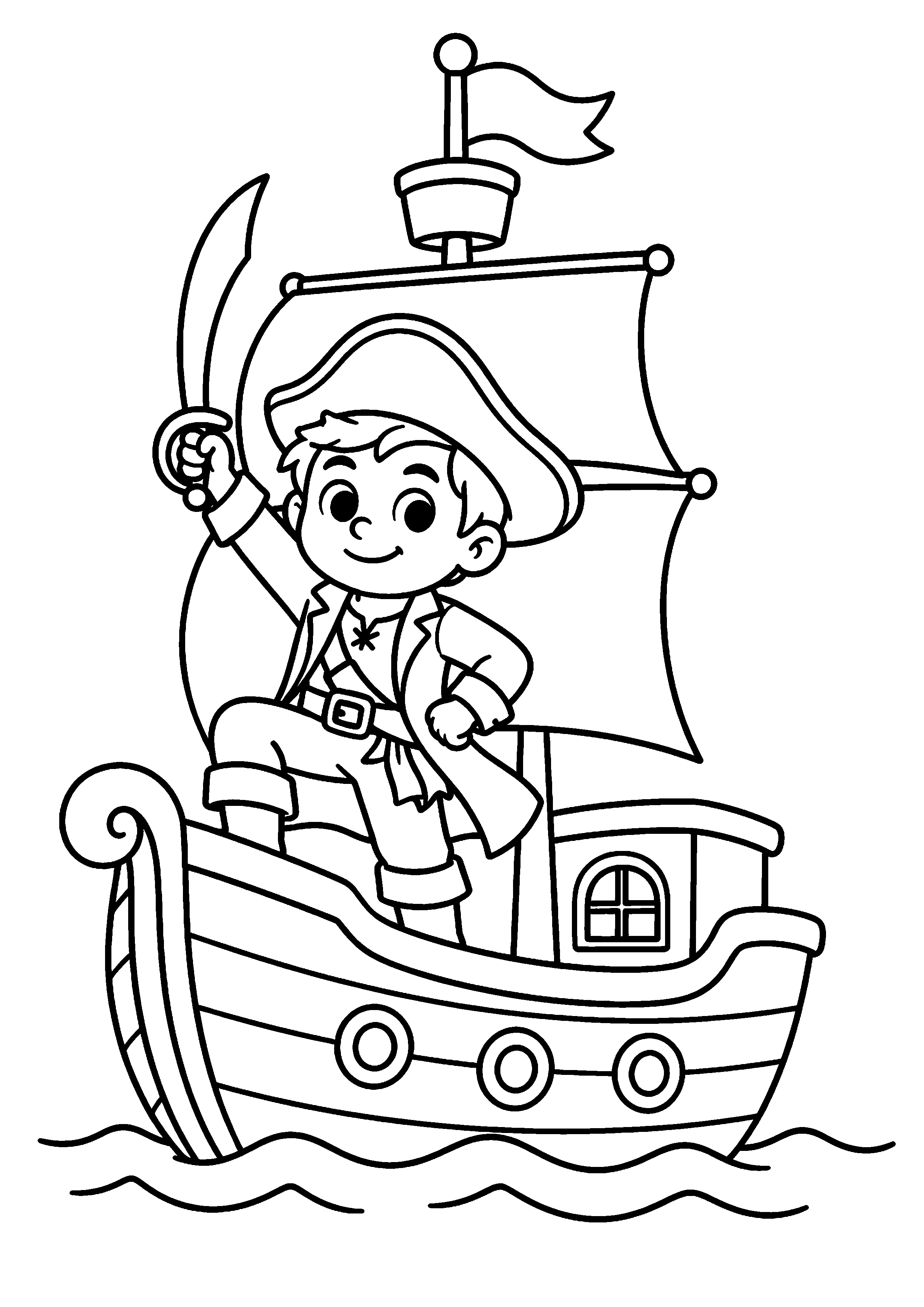 Coloriage jeune pirate sur un bateau avec sabre à imprimer