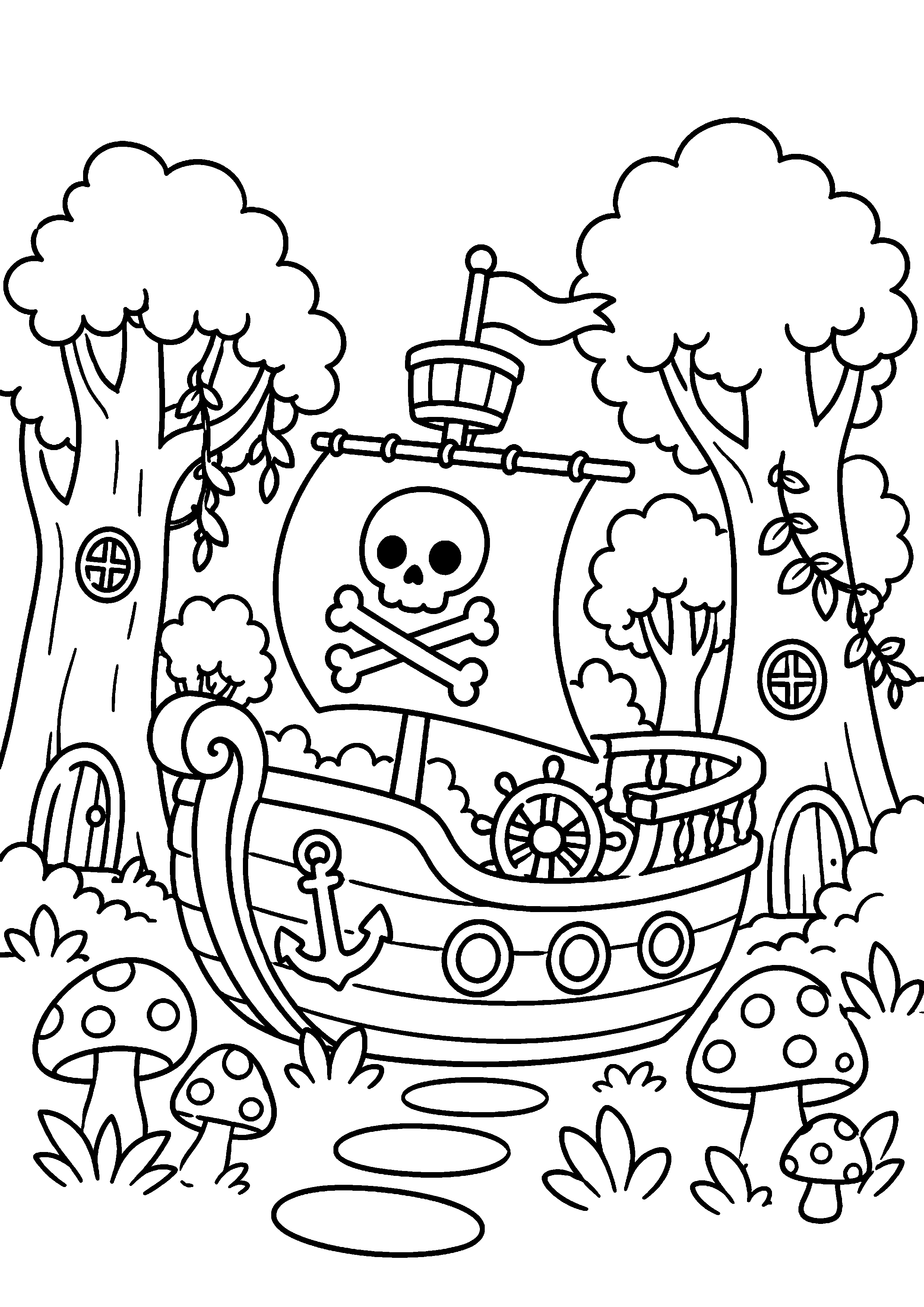 Coloriage bateau pirate dans une crique boisée à imprimer