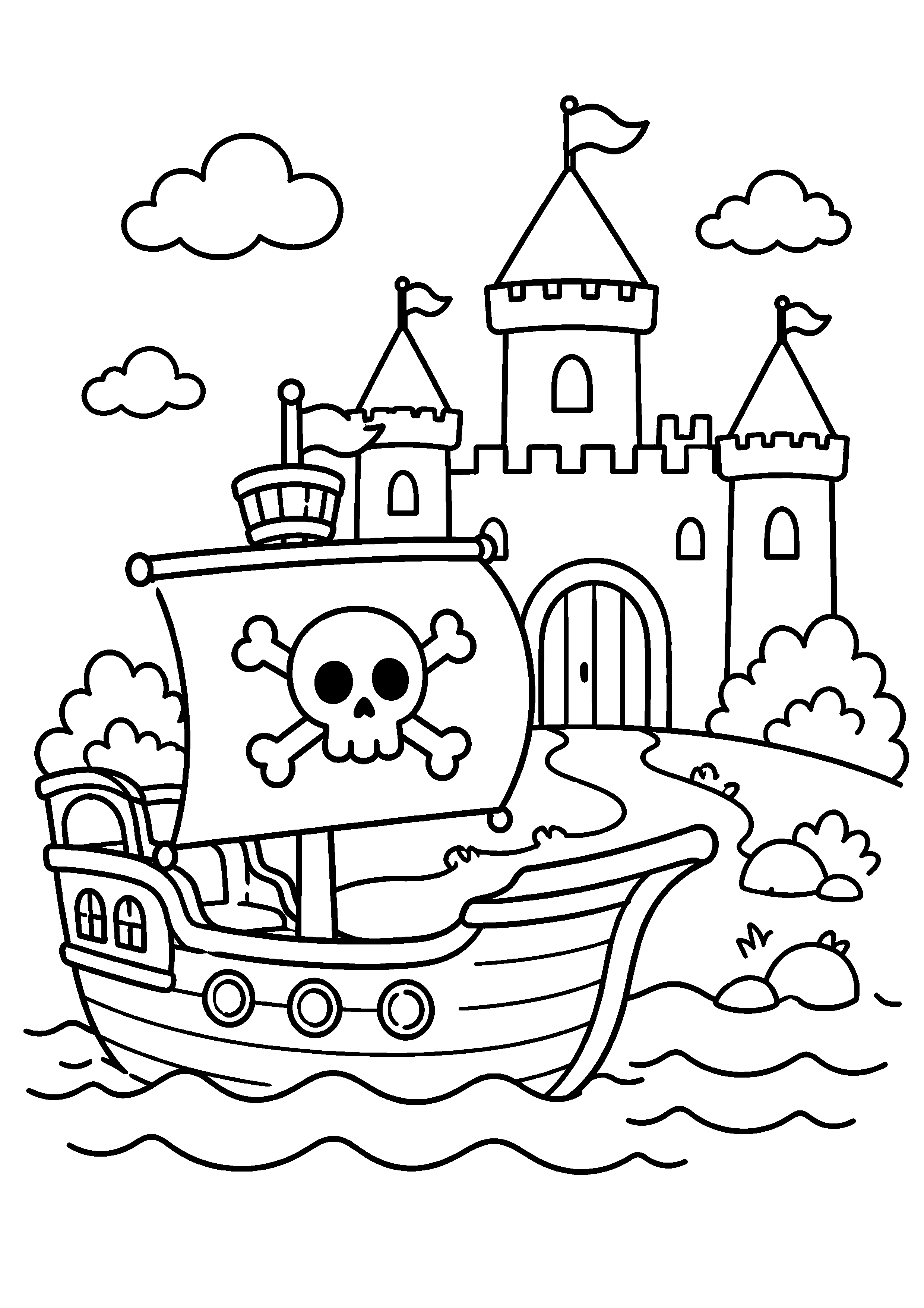 Coloriage bateau pirate devant un château à imprimer