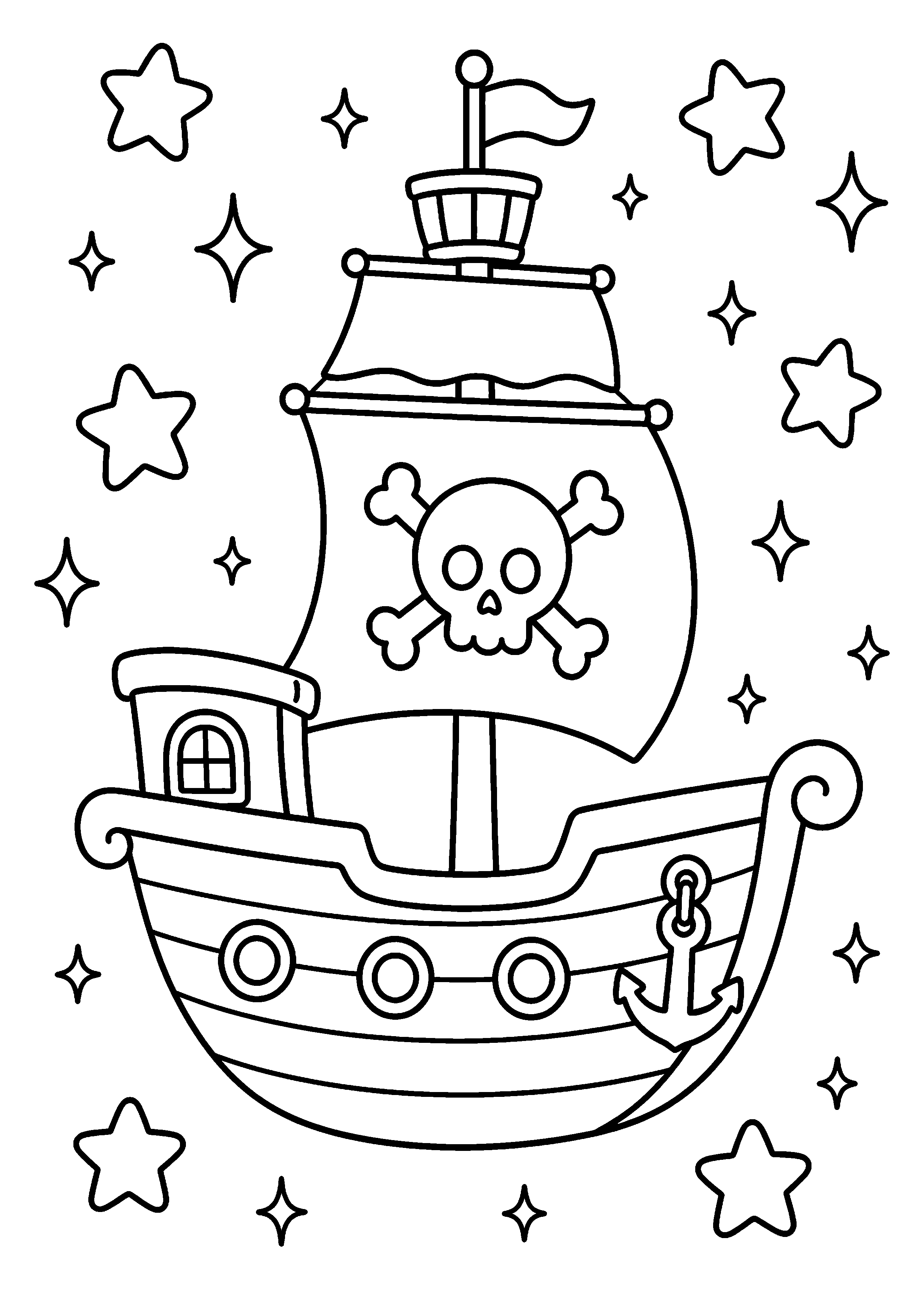Coloriage bateau pirate entouré d’étoiles à imprimer gratuitement