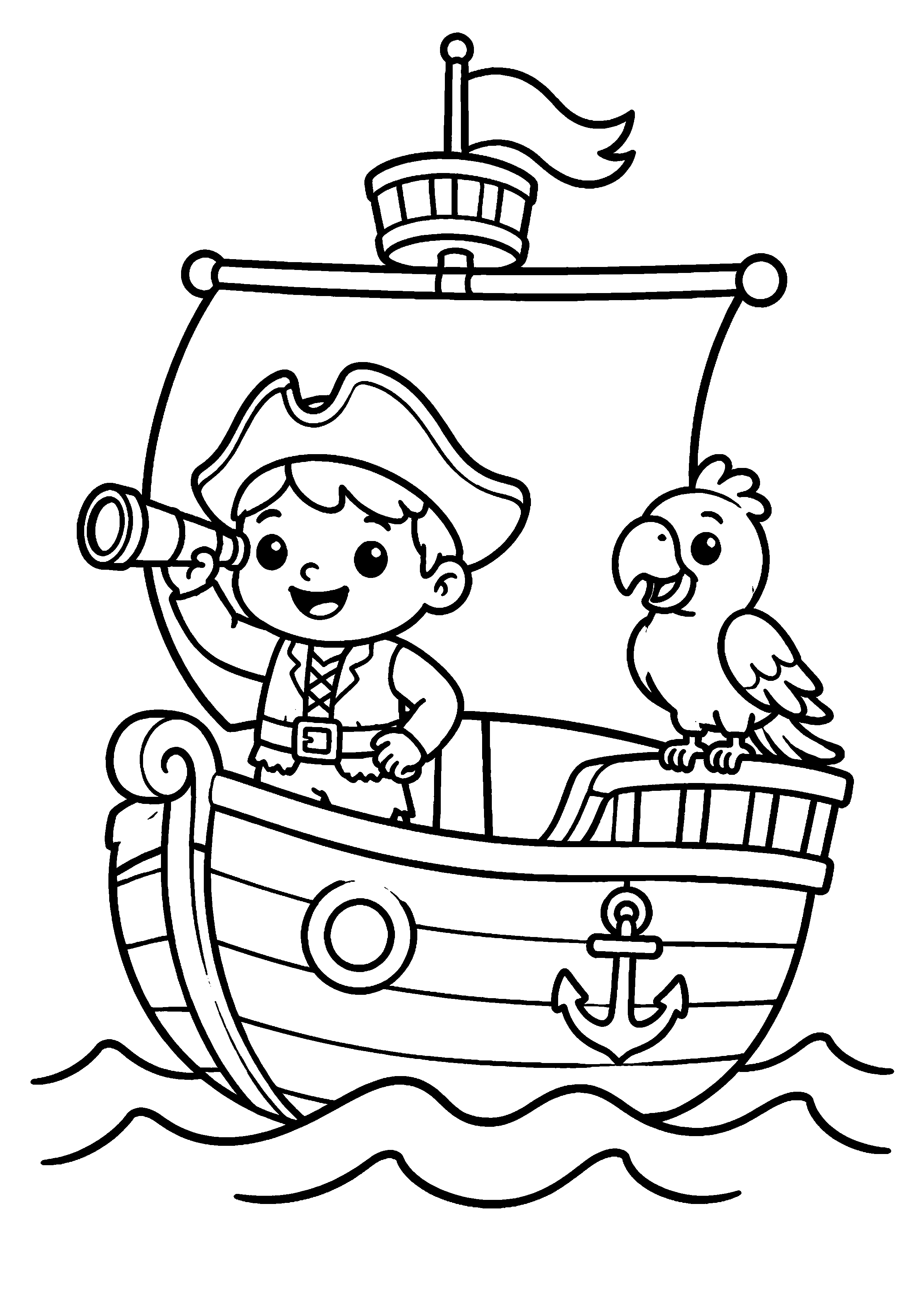 Coloriage jeune pirate et perroquet sur un bateau à imprimer gratuitement