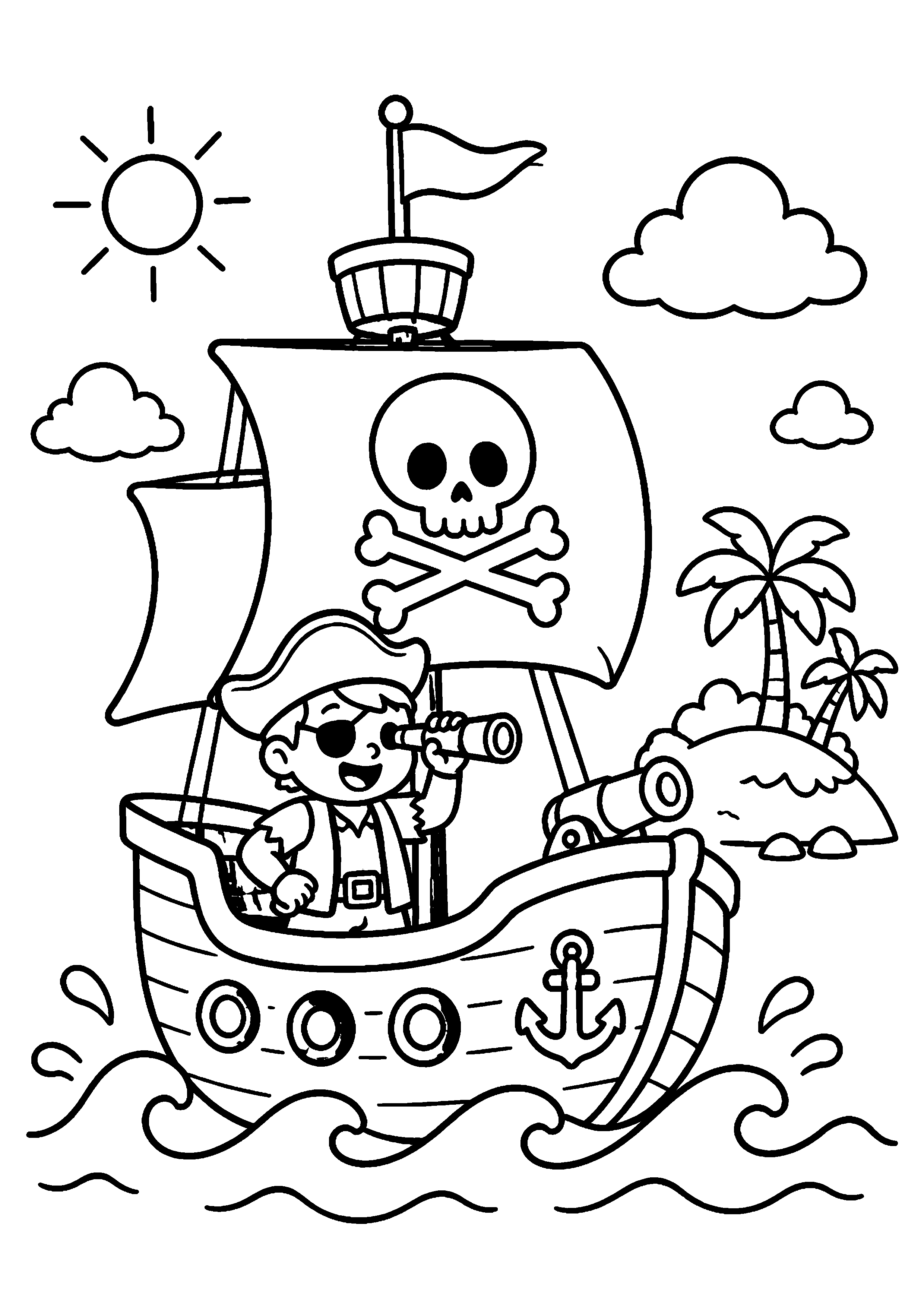 Coloriage pirate sur un navire près d’une île au palmier à imprimer gratuitement