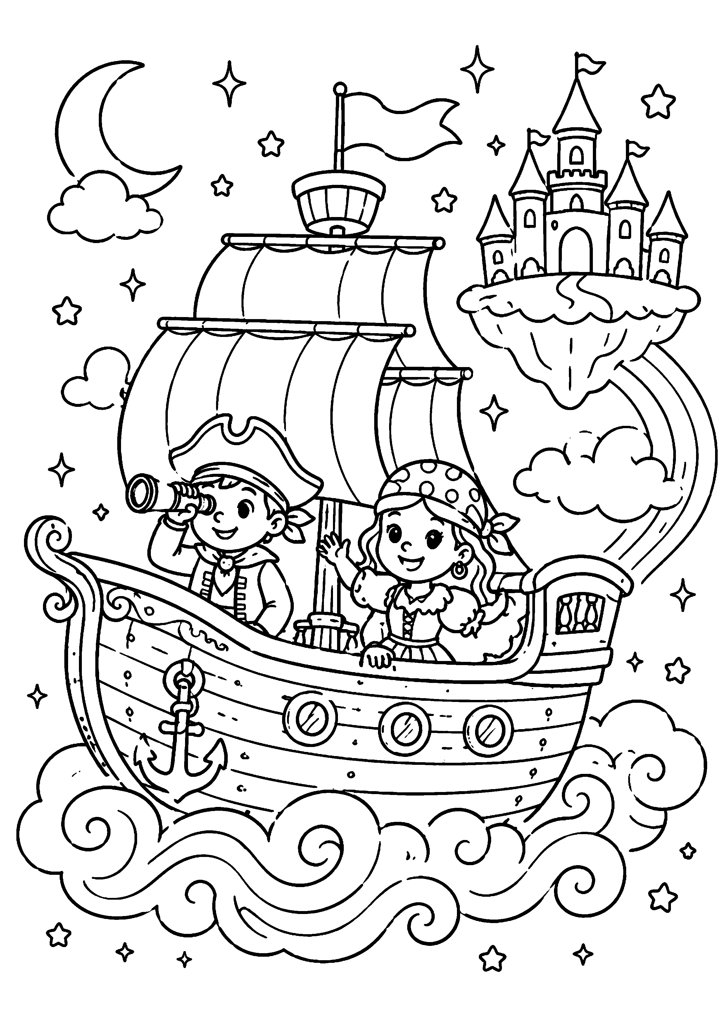 Coloriage deux enfants pirates sur un bateau magique devant un château à imprimer gratuitement