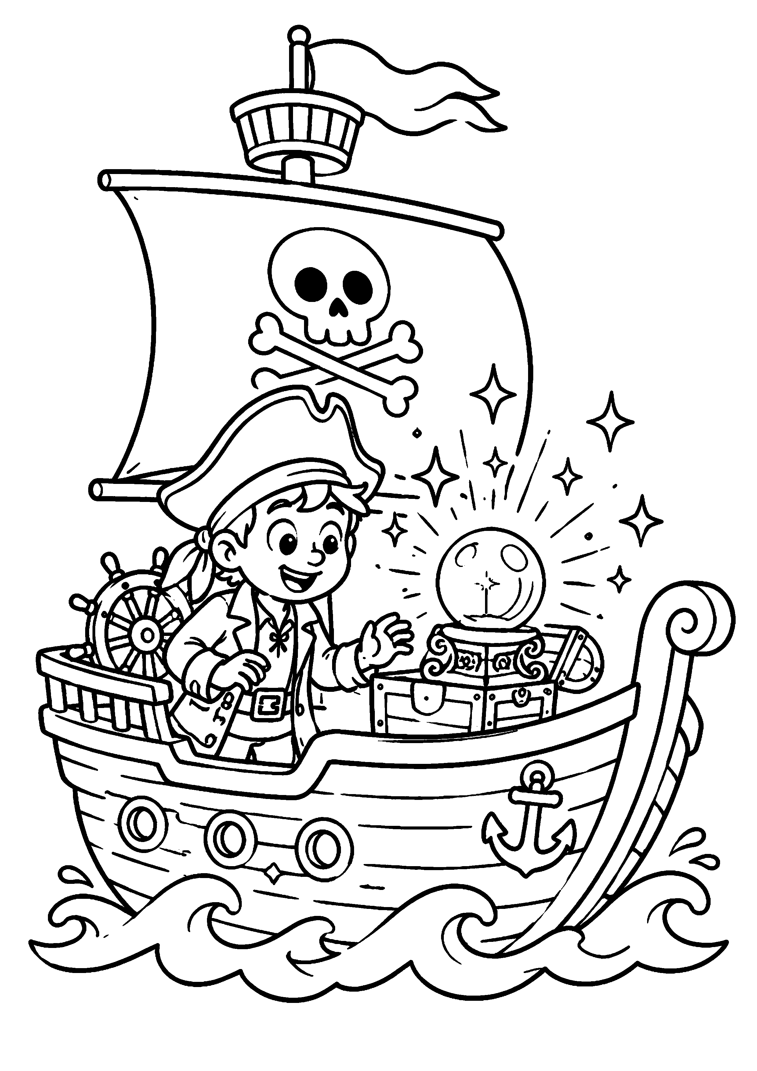 Coloriage jeune pirate sur un bateau avec coffre au trésor à imprimer gratuitement