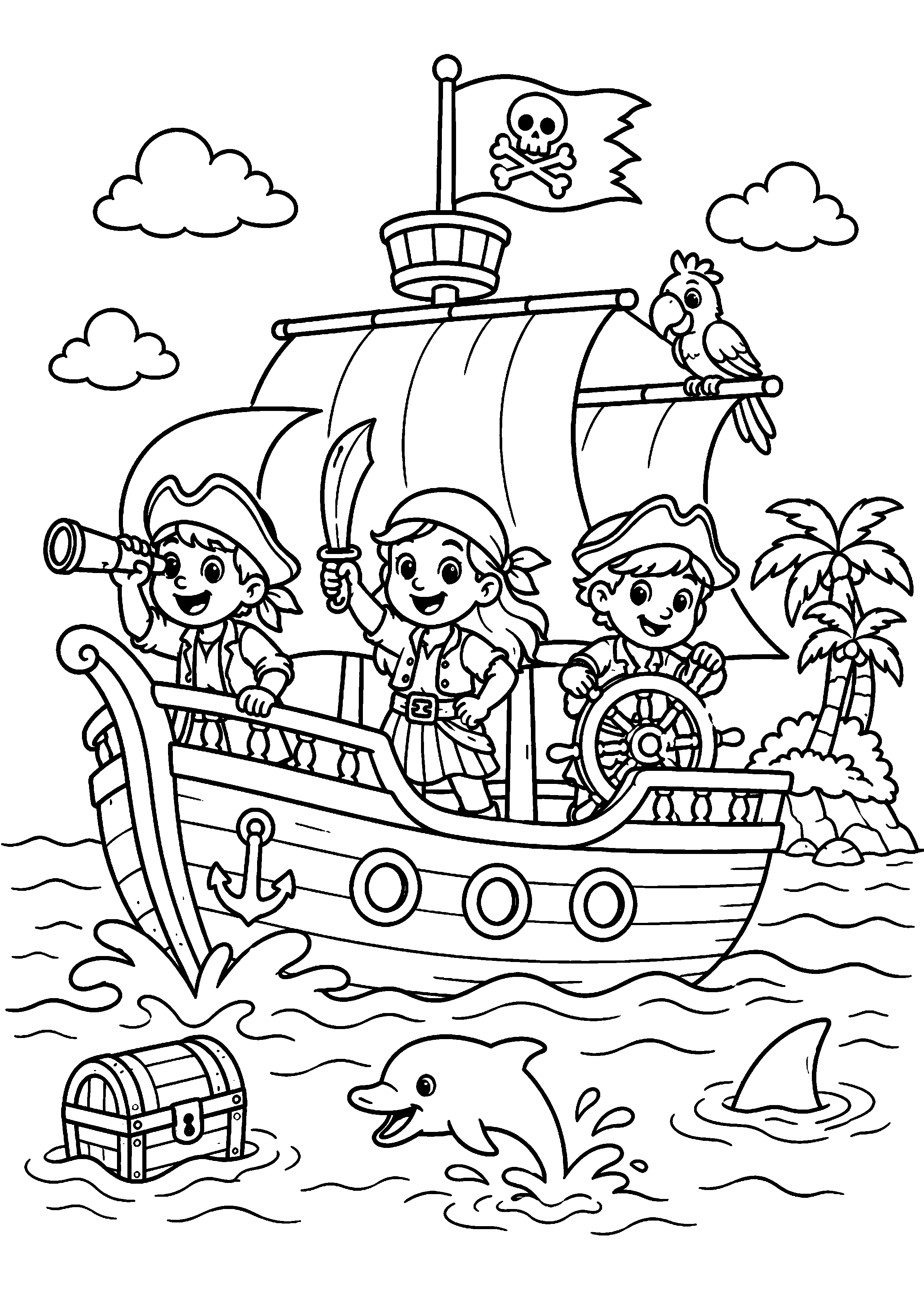 Coloriage deux pirates sur un bateau près d’une île à imprimer gratuitement